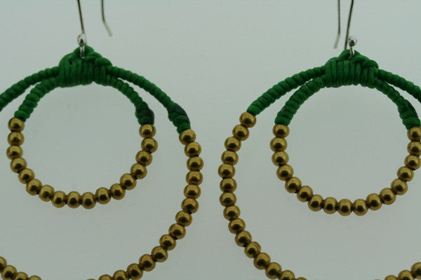 Double Brass Beaded Hoop Earrings with Emerald Stones - Elegant Dangle Jewelry for Women, Perfect for Parties, Weddings & Everyday Wear