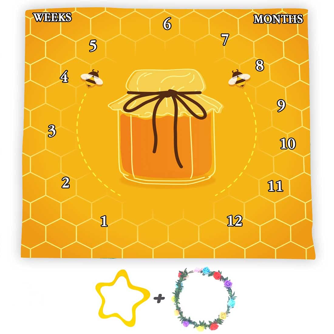 Honeycomb Bee Photography Backdrop - 40x40 Inch Soft Fabric Baby Milestone Blanket & Shower Growth Tracker with 2 Bonus Markers (LHFS1090) - Perfect for Newborn Photos, Monthly Milestones & Baby Shower Decorations