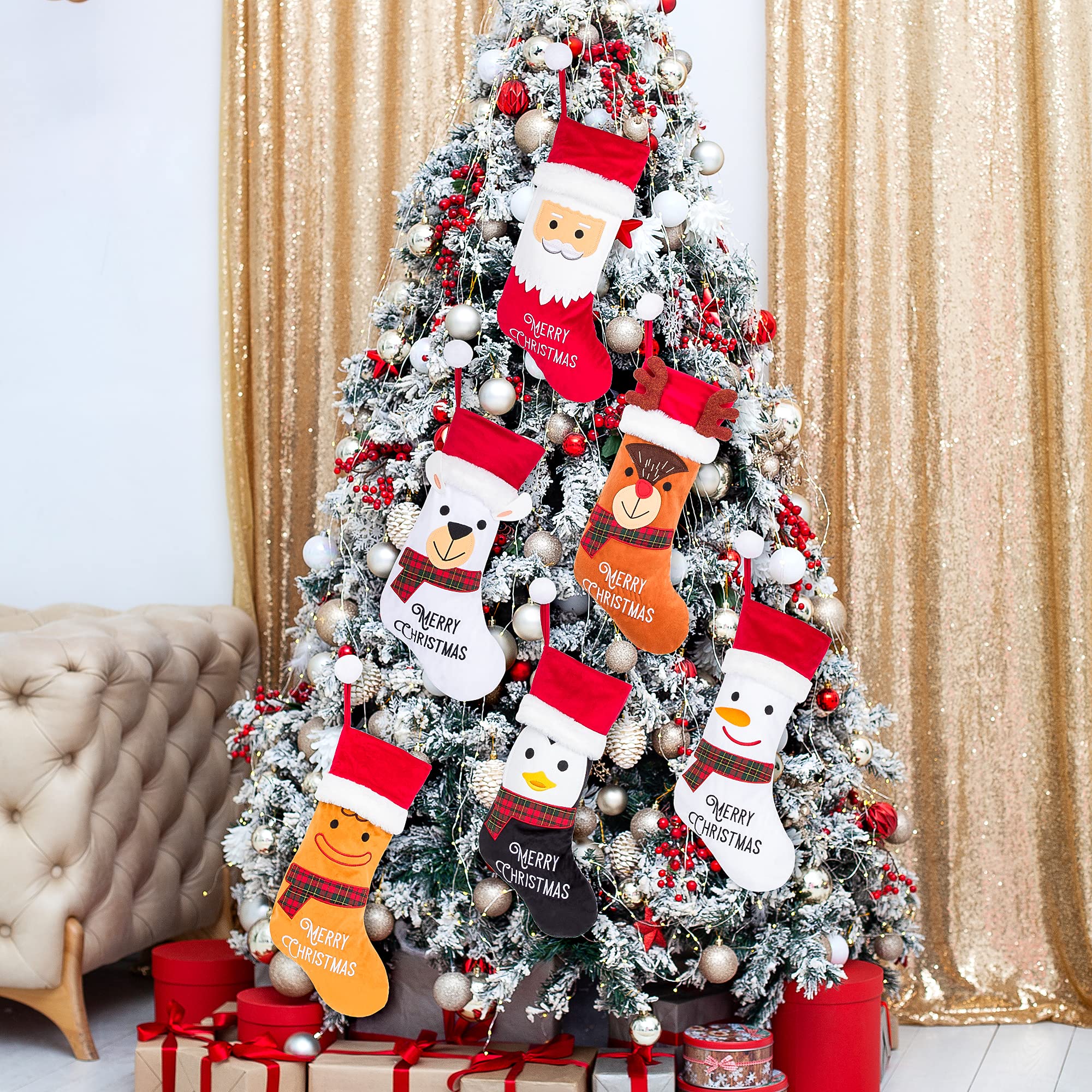 Luxury Velvet Christmas Stockings Set of 6 - 20.5 Inch Large Xmas Stockings for Family Holiday Decor | Classic Hanging Ornaments for Fireplace Mantel, Staircase & Festive Home Decoration