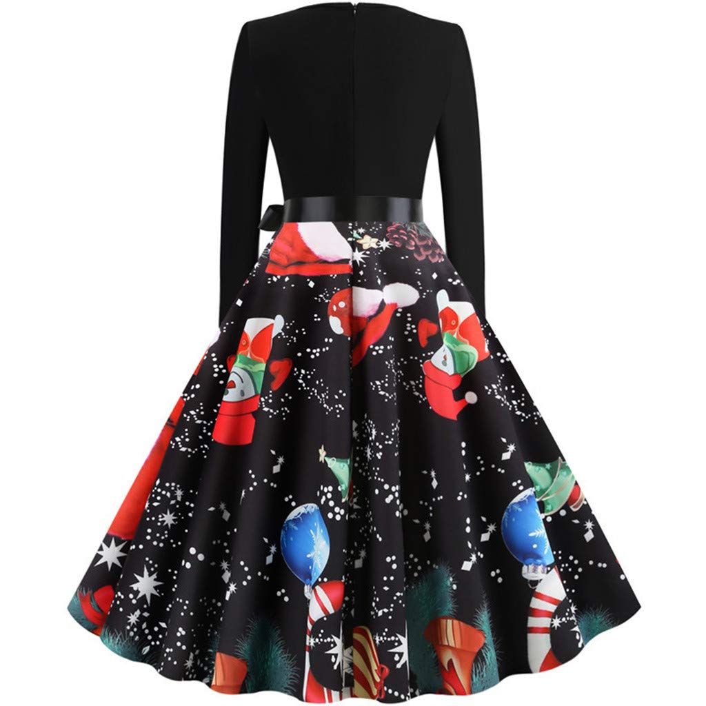 Vintage Christmas Musical Print Long Flare Dress for Women - Elegant Long Sleeve Evening Gown for Holiday Parties & Festive Gatherings