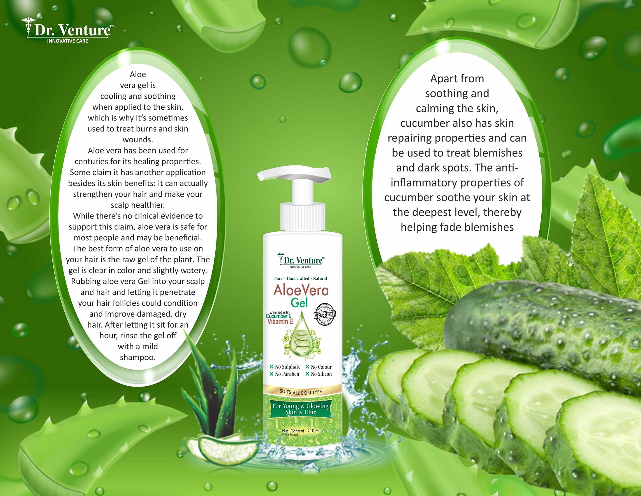 Dr Venture Aloe Vera Gel for Skin & Hair Care - 210ml + Neem, Tulsi & Amla Herbal Shampoo for Hair Loss & Dandruff Control - 200ml | Natural Moisturizer & Scalp Treatment for Daily Hair & Skin Care Routine