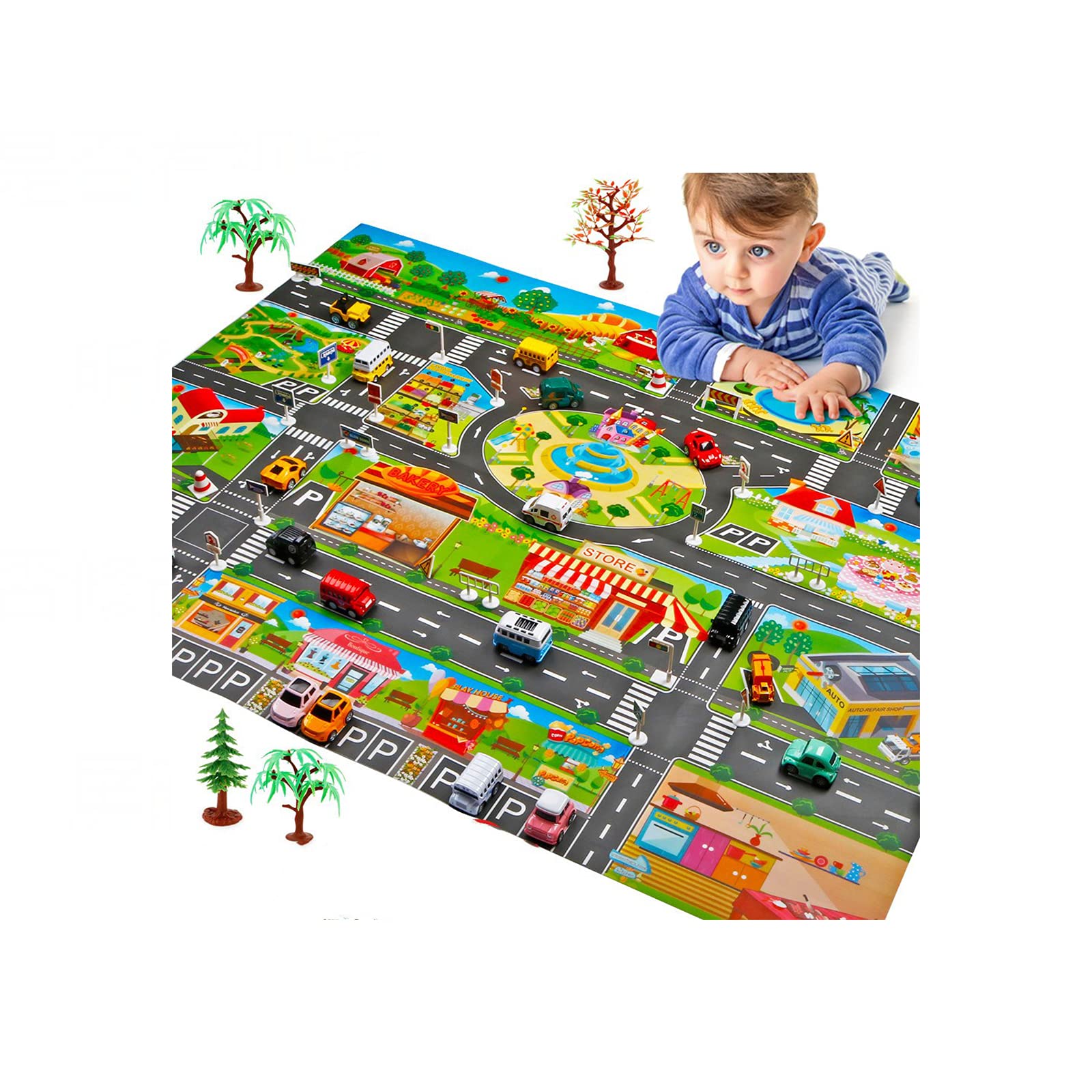 Kids Play Mat - City Road, Buildings & Parking Map Game Scene - Educational Floor Mats for Toddler Boys & Girls - Perfect for Bedroom, Playroom & Living Room | Great for Pretend Play, Learning & Indoor Activities