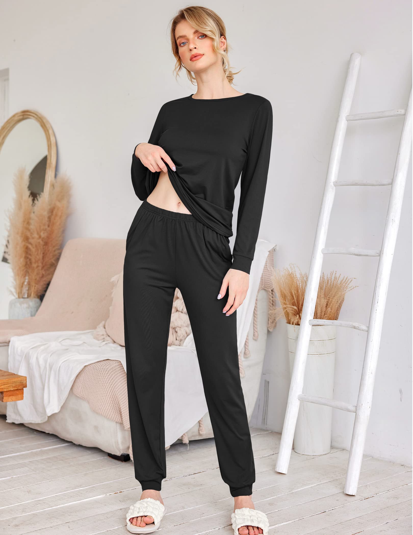 Ekouaer Women's Long Sleeve Jogger Pajama Set - Soft Sleepwear with Pockets, Round Neck Lounge Pjs for Nightwear & Comfortable Home Wear - Perfect for Sleeping, Lounging and Relaxing at Home