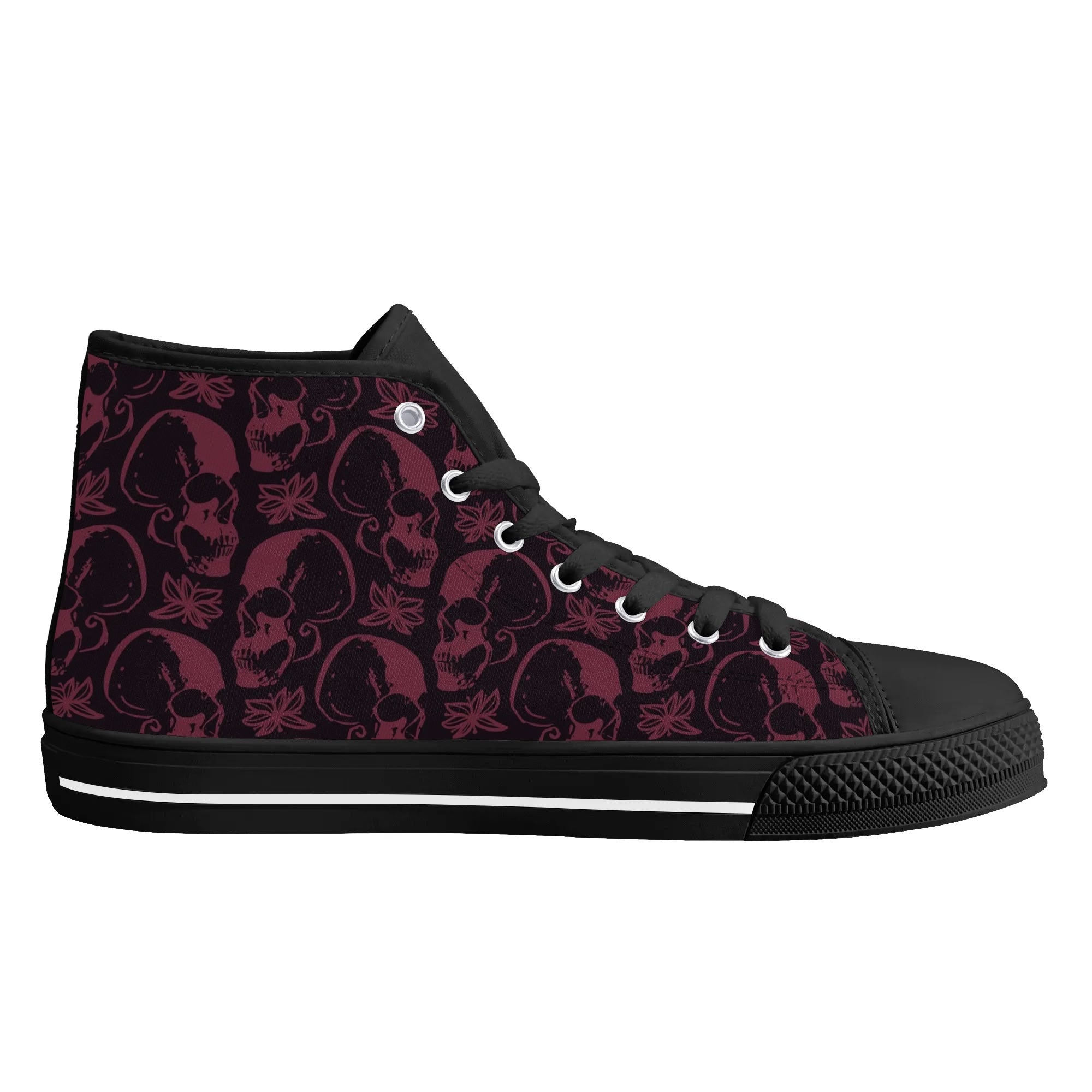 Purple Skulls and Flowers High Top Canvas Sneakers - Trendy Unisex Rubber Sole Shoes for Casual Wear, Street Fashion, and Skateboarding