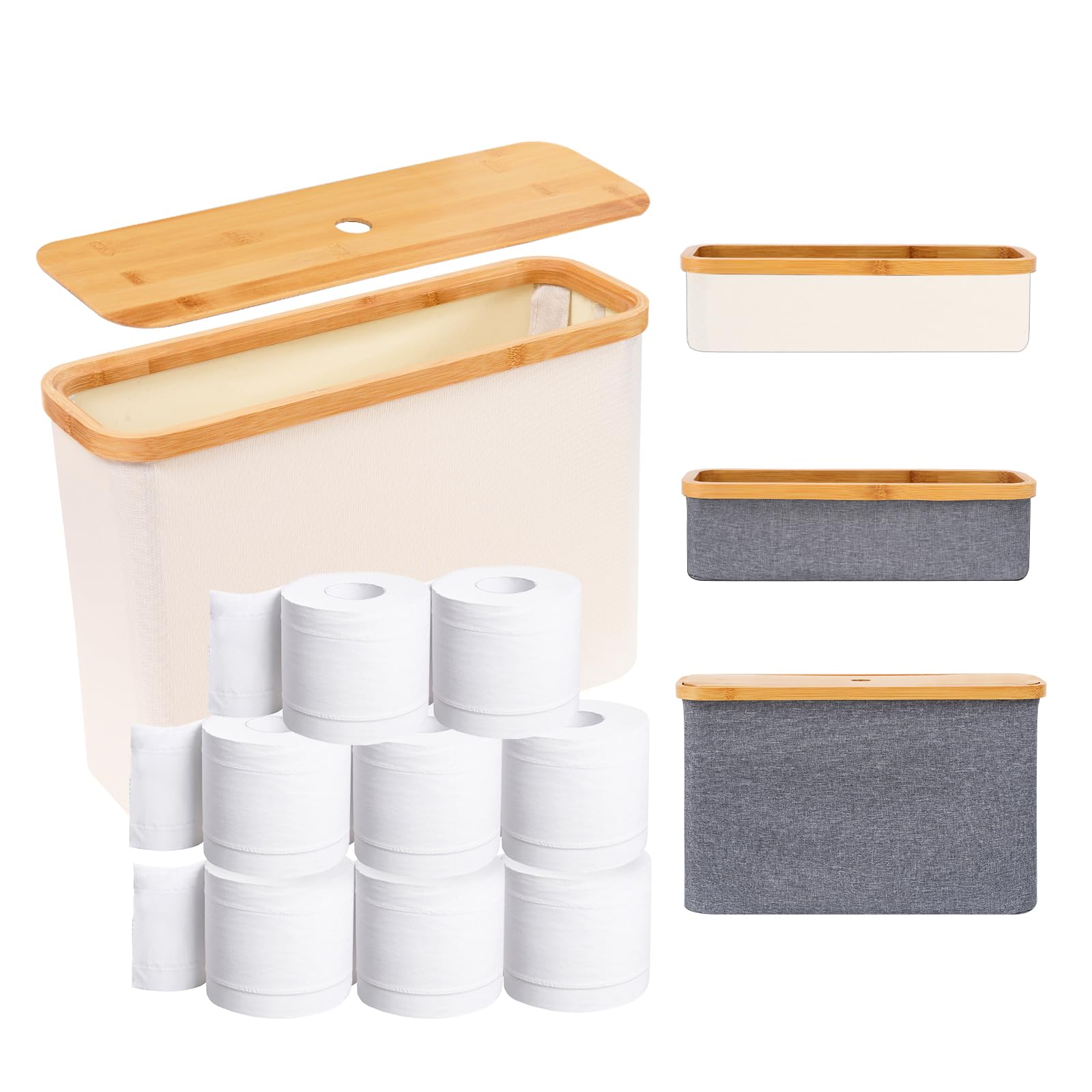 Wooha Bamboo Toilet Paper Organizer Basket - Collapsible Bathroom Tissue Storage Holder for Bath, Vanity & Laundry Room (White, Large) - Perfect for Small Spaces & Clutter-Free Organization