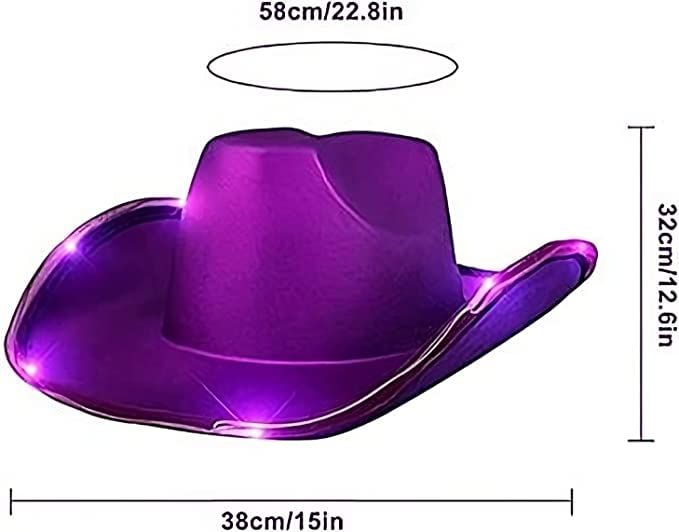 3 Pack LED Light Up Purple Shiny Satin Cowboy Hat - Metallic Space Party Hat with Deep Purple Lights for Raves, Concerts & Western Themed Events
