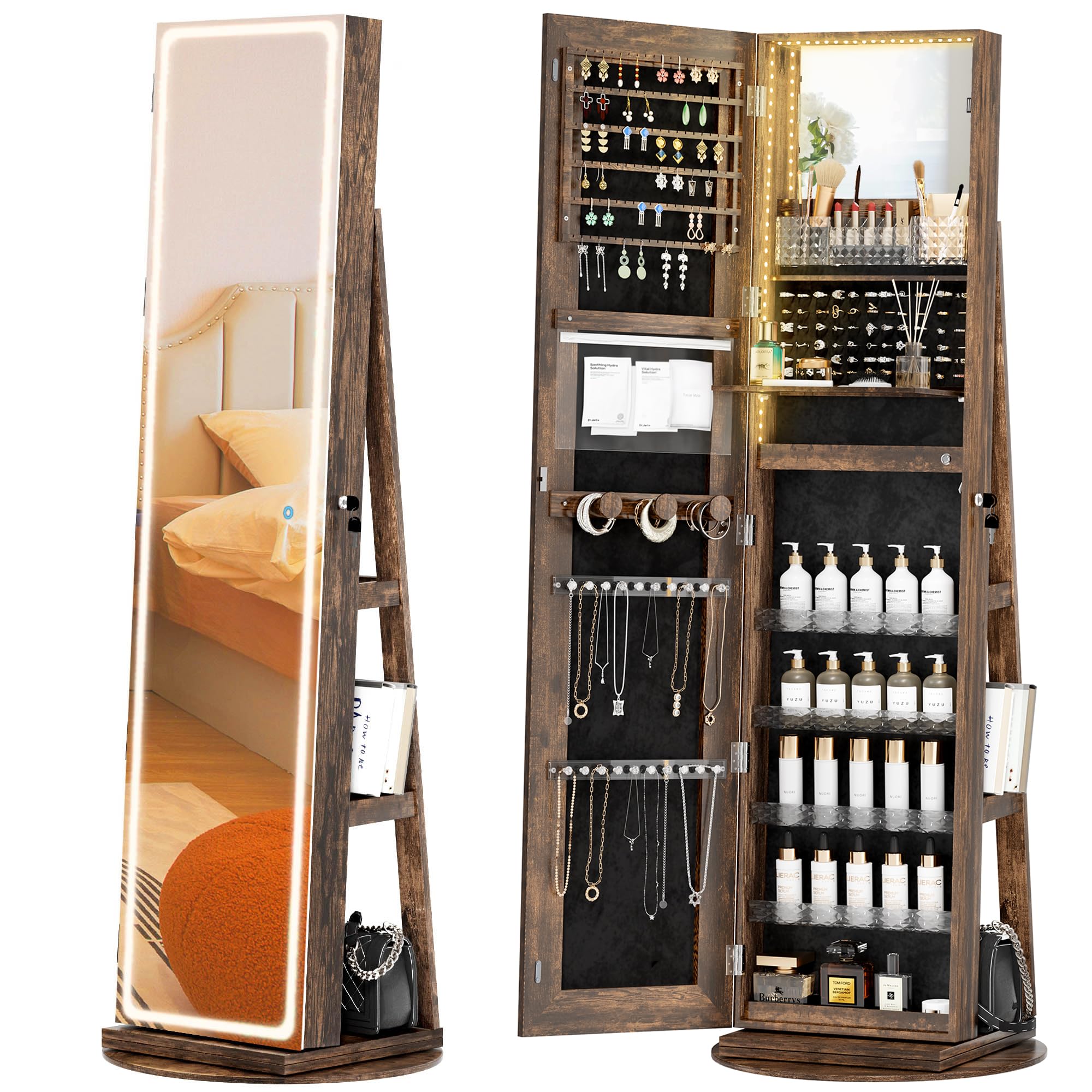 360° Swivel LED Jewelry Armoire with Full-Length Mirror & Adjustable Lighting - Rustic Brown Standing Jewelry Cabinet Organizer for Bedroom, Dressing Room & Closet Storage