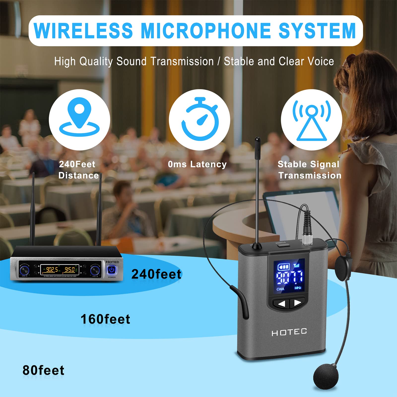 HOTEC UHF Wireless Microphone System - Dual Lapel/Lavalier & Headset Mics for PA, Mixer, Speaker, Karaoke - Ideal for Church Services, Training Sessions, Classroom Teaching & Interviews (H-K25) | Perfect for Worship, Presentations, Public Speaking & Professional Audio Setups