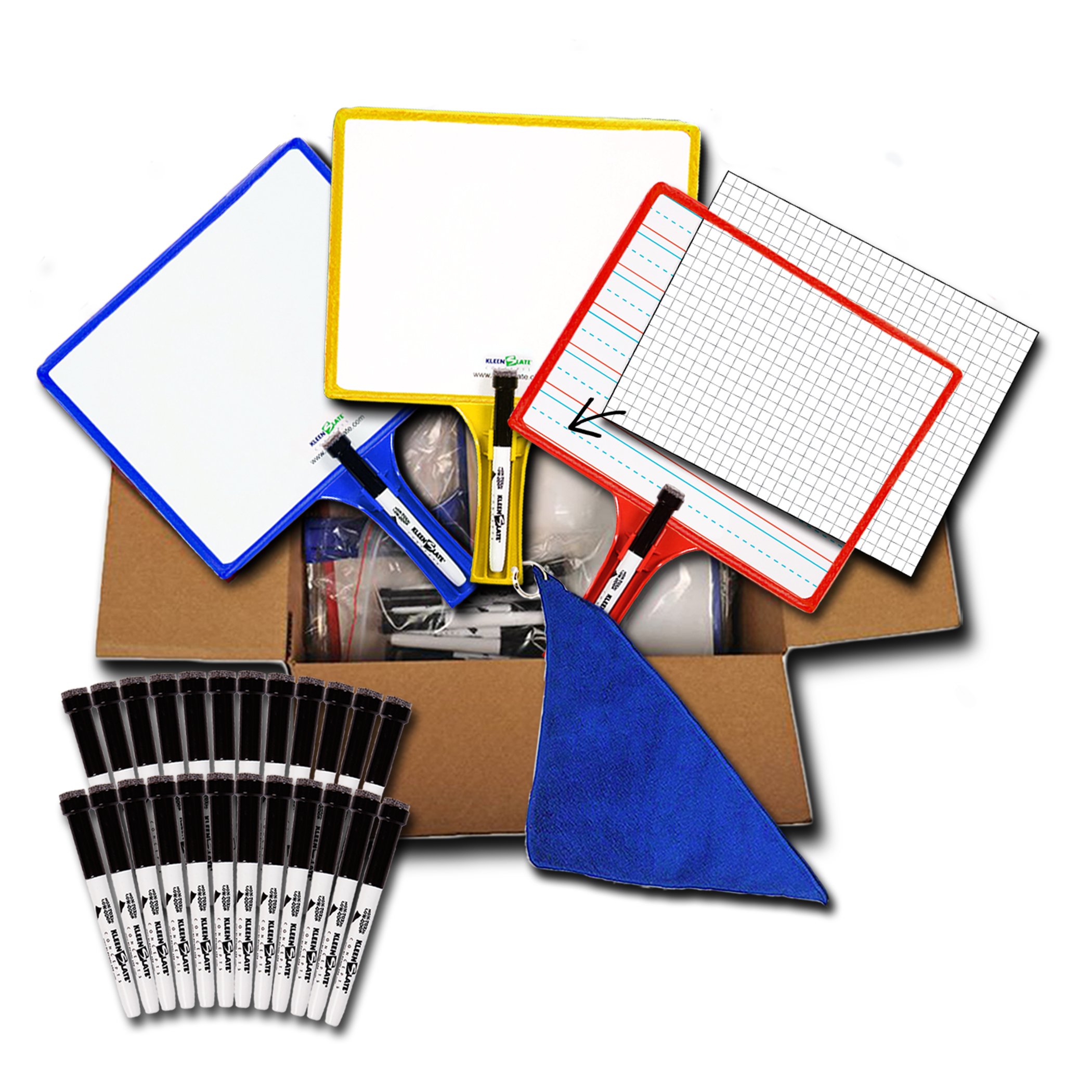 24-Pack KleenSlate Double-Sided Customizable Whiteboard with Clear Dry Erase Sleeve - Includes 24 Microfiber Cloths, Bookbinder Rings & Markers for Classroom, Office & Homeschool Learning Activities