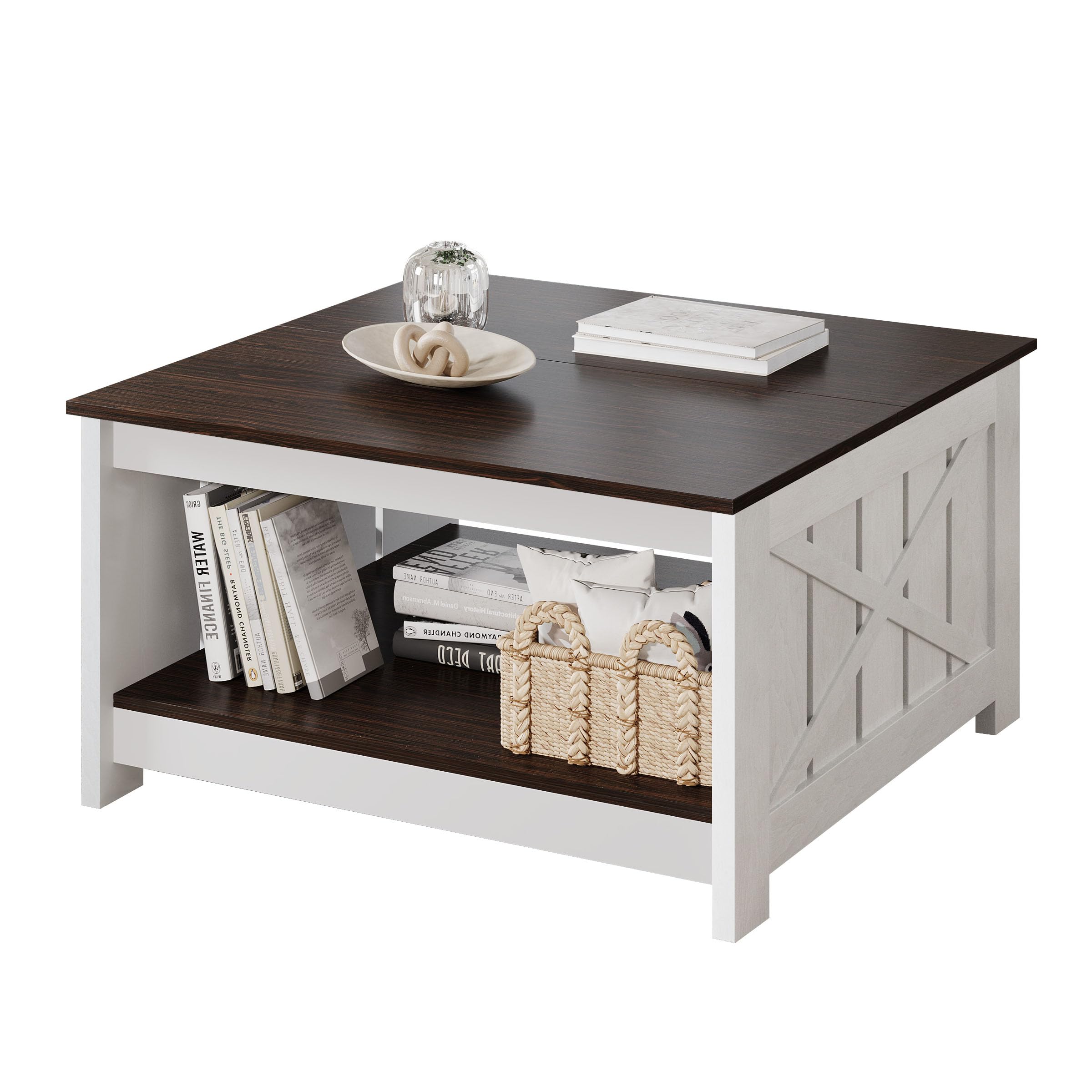 Rustic Farmhouse Coffee Table with Storage - Solid Wood Square Cocktail Table for Living Room & Meeting Room, Half Open Storage Compartment, Deep Brown - Perfect for Home Decor & Small Space Organization