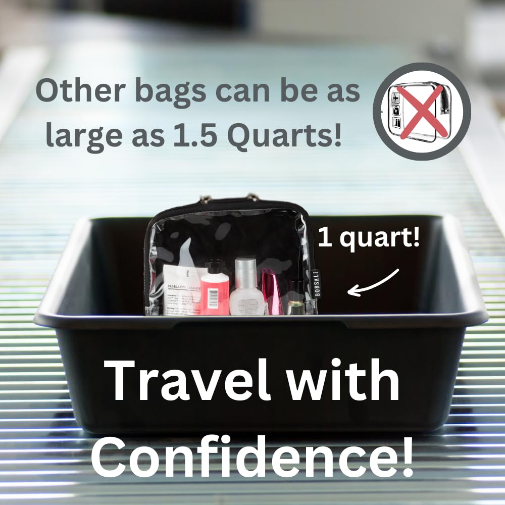 BORSALI TSA Approved Quart Size Clear Toiletry Bag for Carry On Travel - 1 Quart Cosmetic & 3-1-1 Liquids Organizer | Perfect for Airplane Essentials, Makeup Storage & Travel Accessories