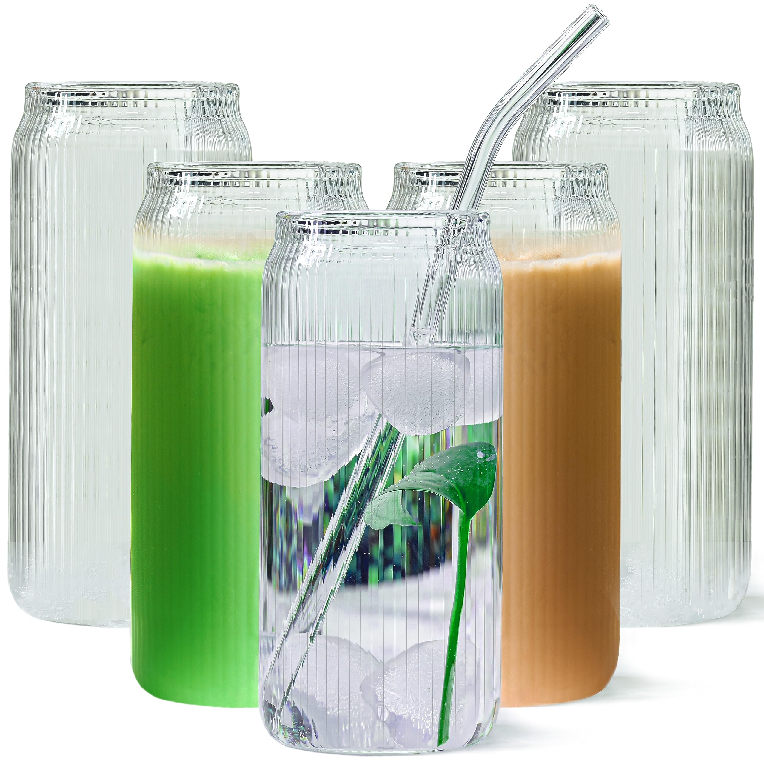 Set of 6 Ribbed Can-Shaped 16oz Glass Cups with Glass Straws - Clear Drinking Glasses for Iced Coffee, Tea, Cocktails & Soda | Perfect for Home, Office, Parties & Restaurants
