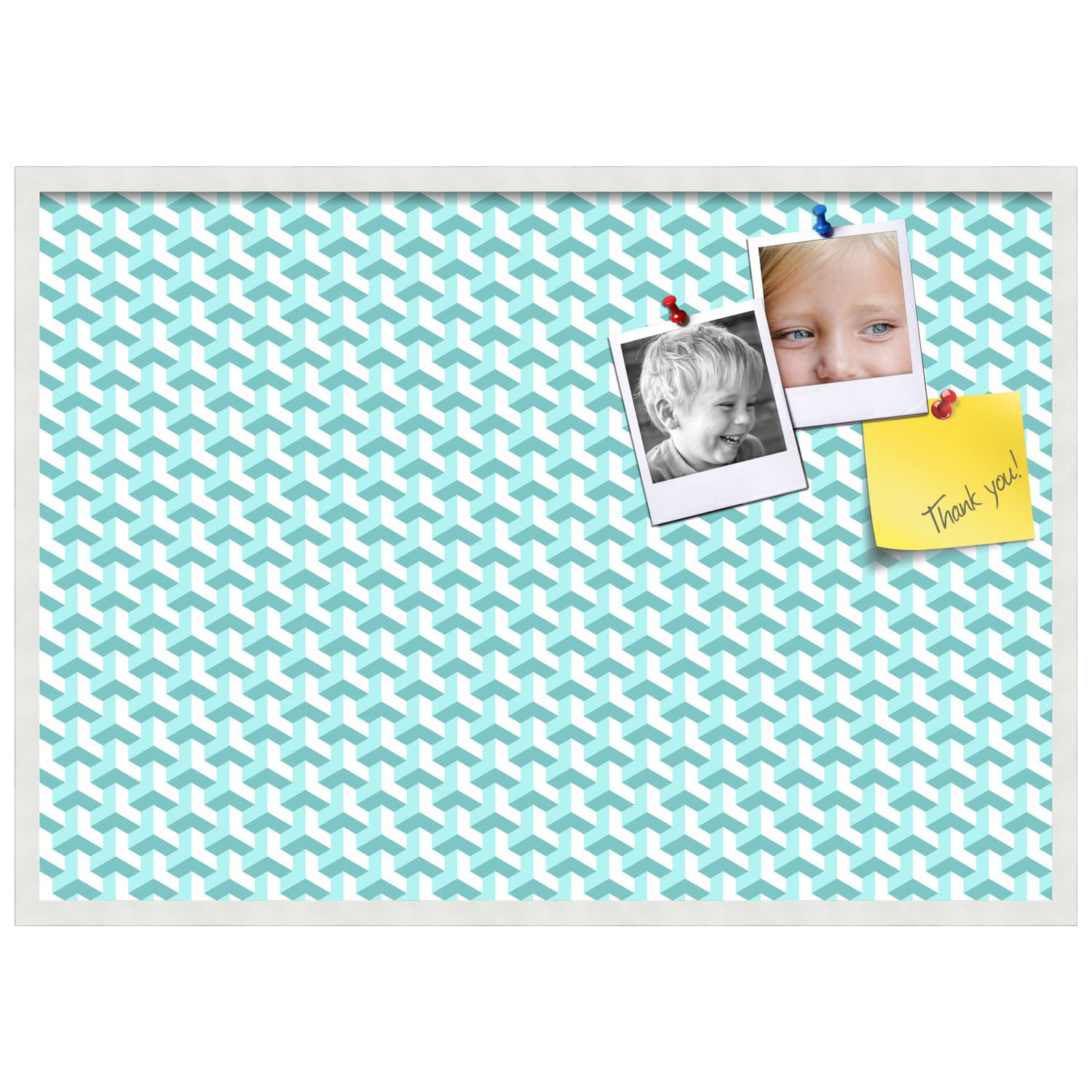 PinPix 40x28 Inch Cork Bulletin Board with BAUS Aqua Design & Satin White Frame - Decorative Pin Board for Home Office School Decor - Perfect for Notes, Photos, Reminders & Wall Organization
