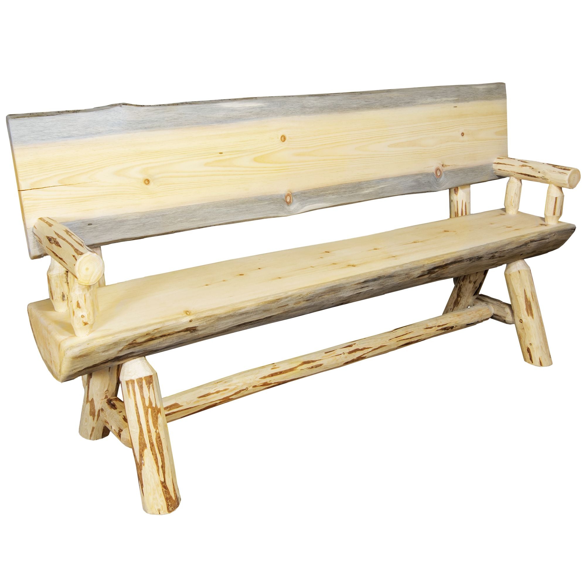 Montana Half Log Bench with Back & Arms - 5 Foot Outdoor Wooden Bench for Patio, Garden, and Backyard Relaxation