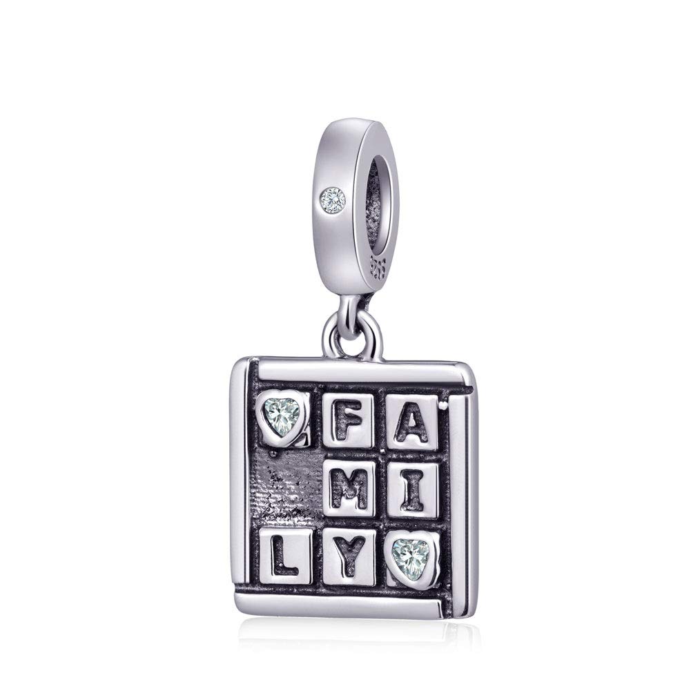 925 Sterling Silver Family Love Square Pendant Charm - Dangle Beads for European Charm Bracelets & Necklaces | Perfect for Gifts, Anniversaries, and Mother's Day