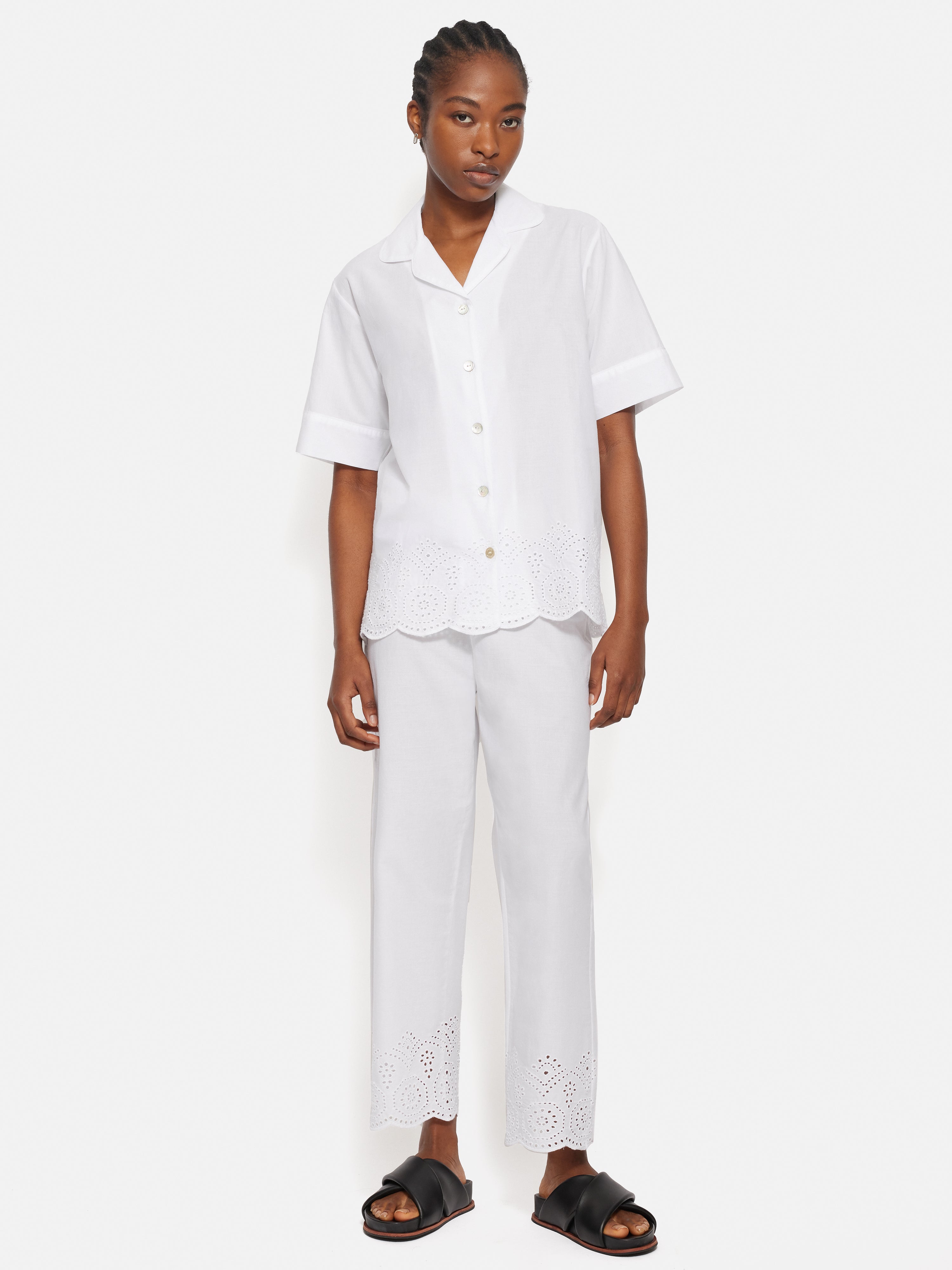 Broderie Anglaise Short Sleeve Cotton Pajama Top for Women - Breathable White Sleepwear for Summer Nights & Relaxing at Home