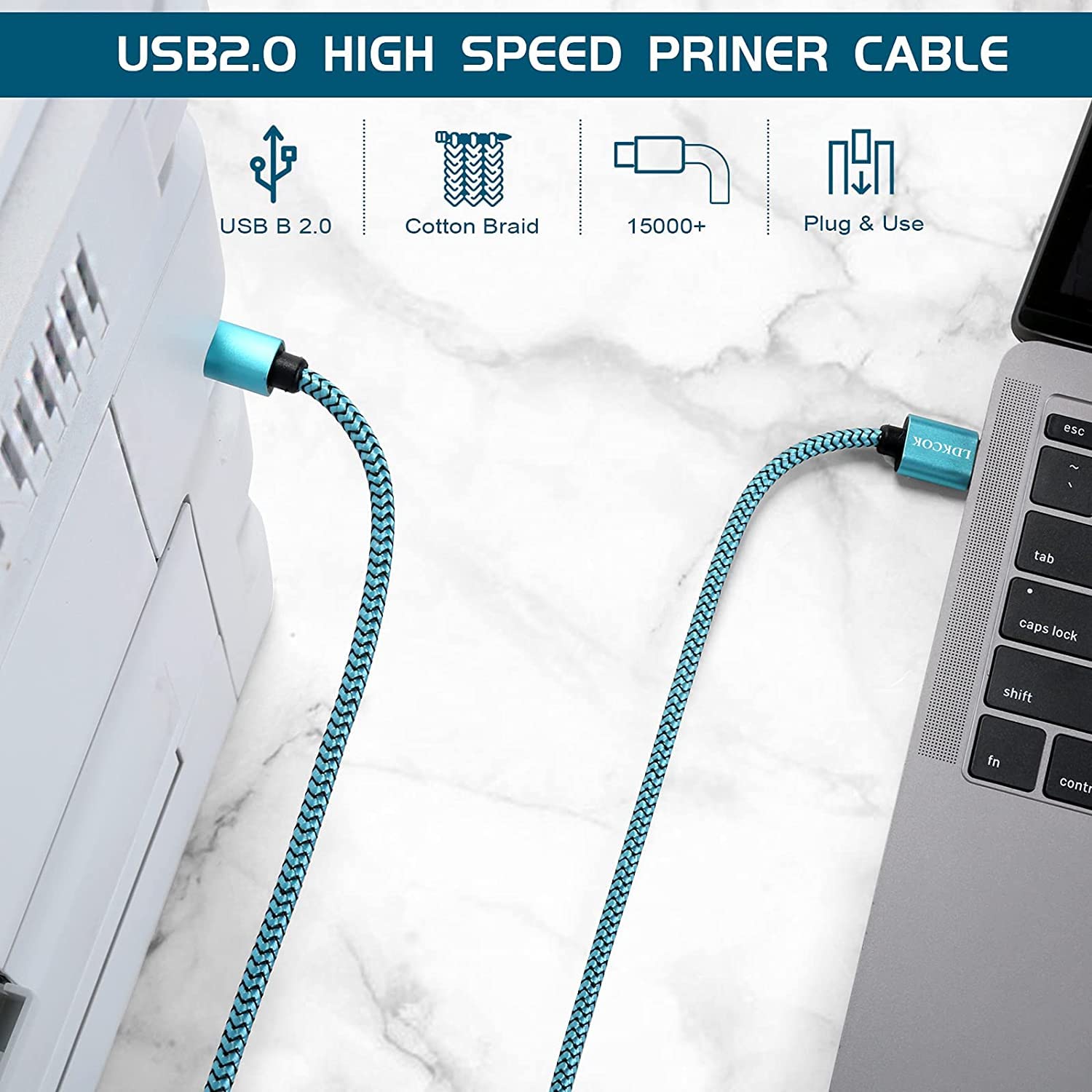 20ft USB Printer Cable Type A Male to B Male - High Speed Scanner Cord for HP, Canon, Epson, Dell, Brother Printers - Perfect for Home Office & Small Business Printing Needs