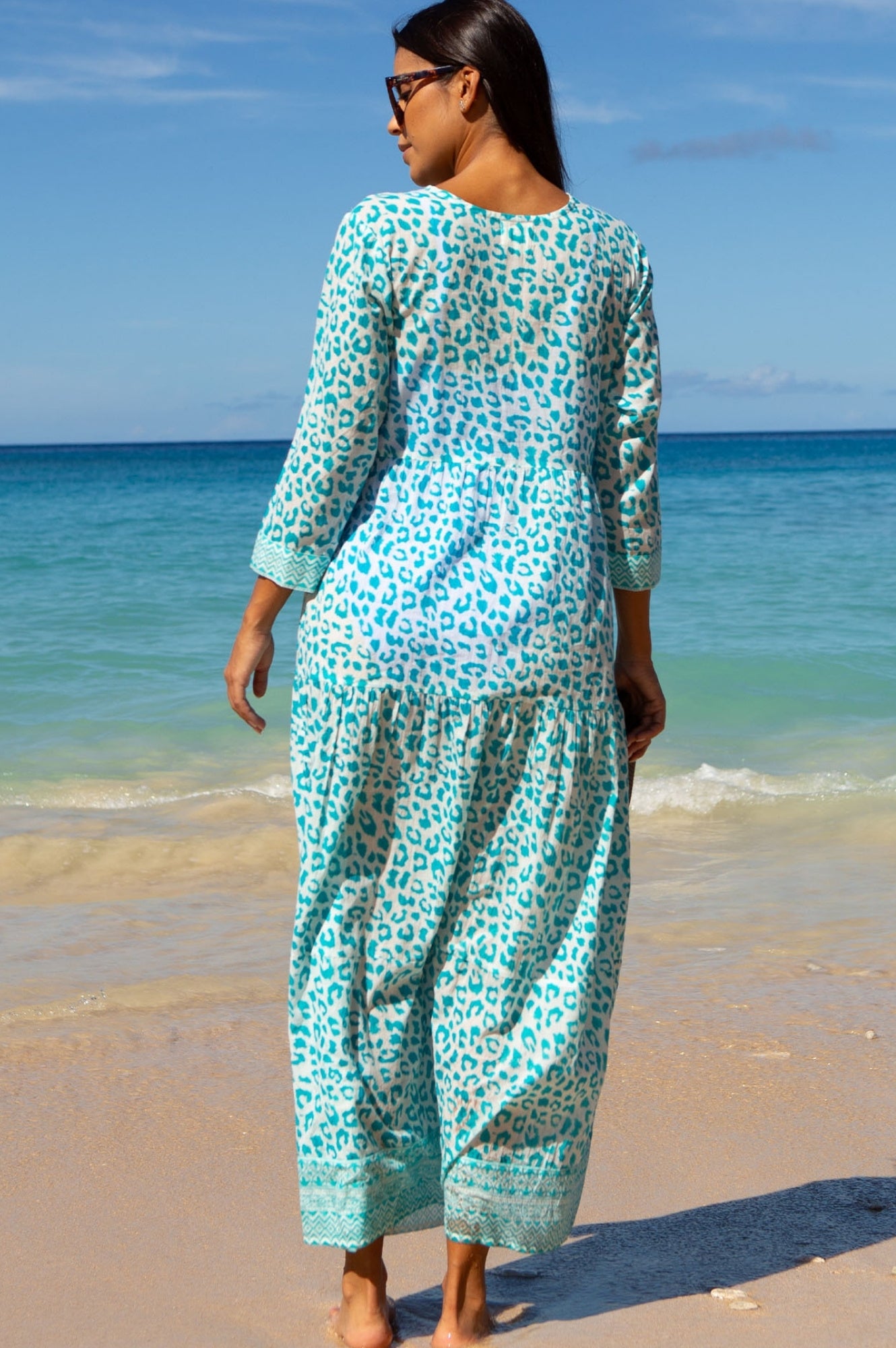 Mykonos Maxi Dress - Soft Cheetah Print in White & Turquoise | Perfect for Beach Vacations, Summer Parties & Boho Fashion