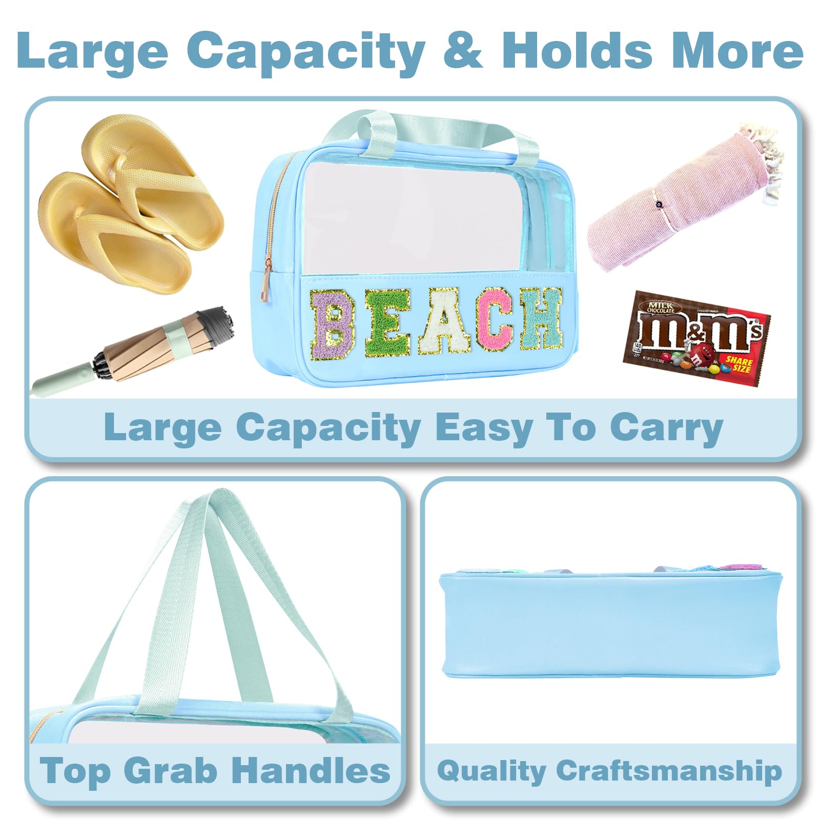 Chenille Letter Patch Clear Beach Bag - Waterproof Travel Cosmetic & Toiletry Organizer with Zipper - Preppy Snack Pouch for Women | Perfect for Beach Vacations, Pool Parties & Gym Essentials