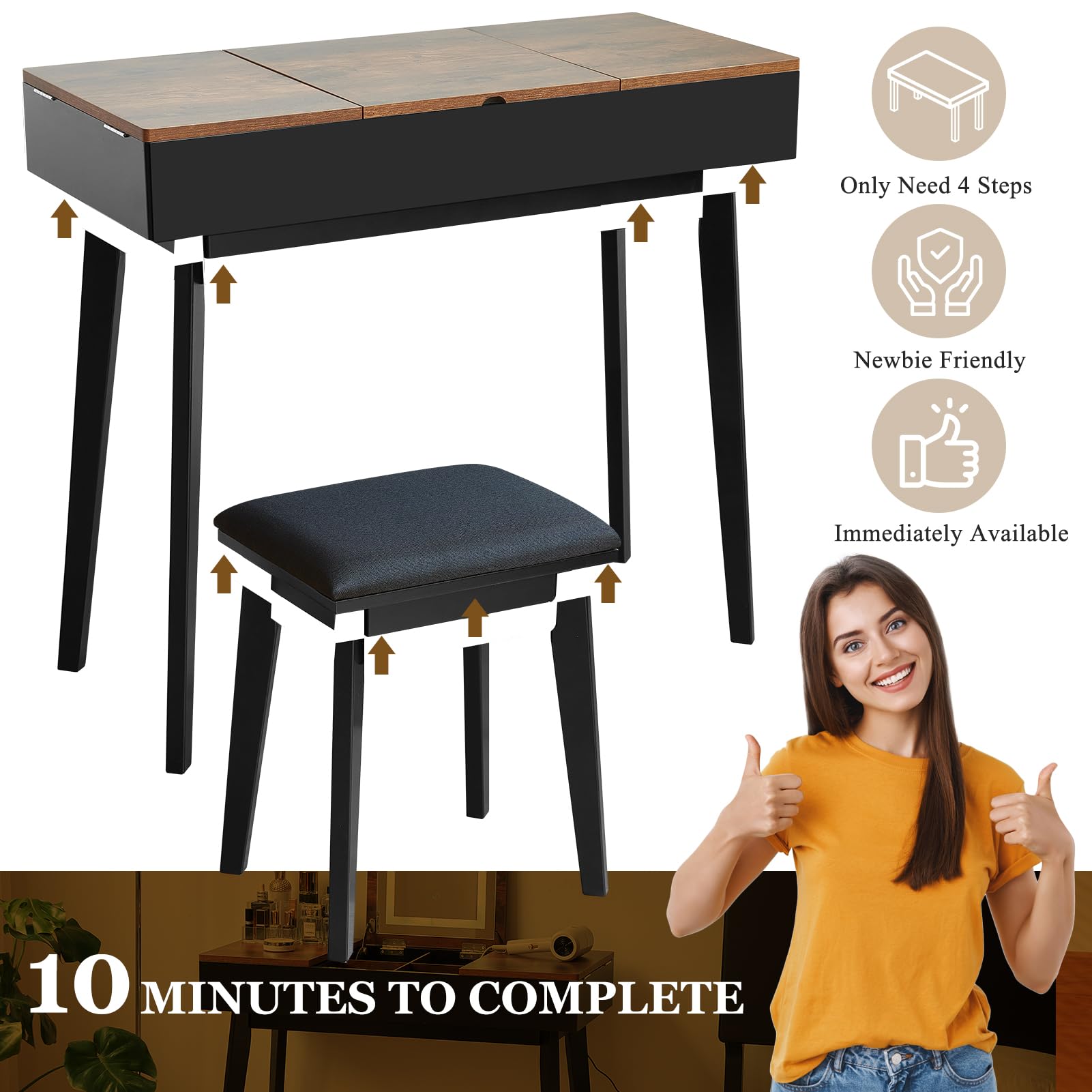 Vintage Flip Top Makeup Vanity Desk with LED Mirror & Power Outlet - Rustic Vanity Table Set with Cushioned Stool, Black Brown - Perfect for Bedroom, Dressing Room & Beauty Salon Makeup Station