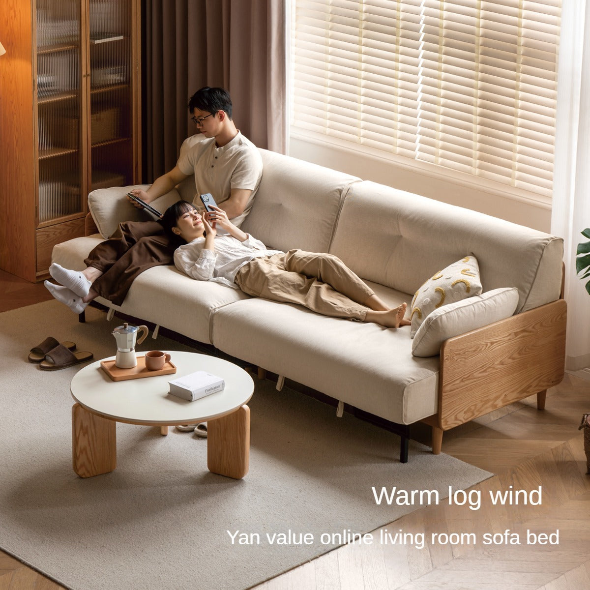 Solid Oak Wood Straight Fabric Sofa - Modern Living Room Furniture for Home & Office Comfort