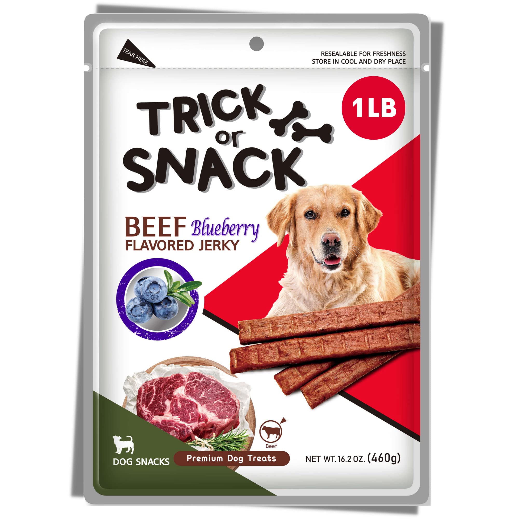 Premium 1lb Natural Dog Jerky Treats - Healthy Smoked Beef, Chicken & Salmon Chews with Blueberry | High Protein Training & Walking Snacks | Perfect for Reward, Travel & Outdoor Adventures