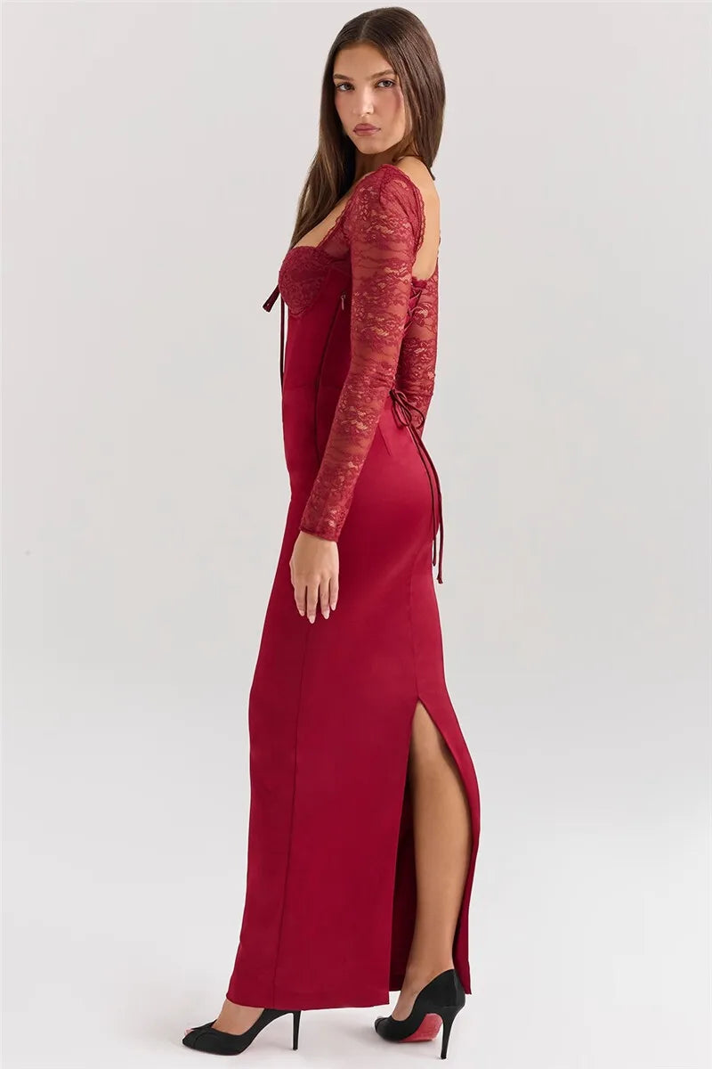 Sexy Backless Long Sleeve Maxi Dress for Women - Solid Square Neck Lace-Up Back Bodycon Club Dress with High Slit | Elegant Evening Wear for Parties, Date Nights & Special Occasions