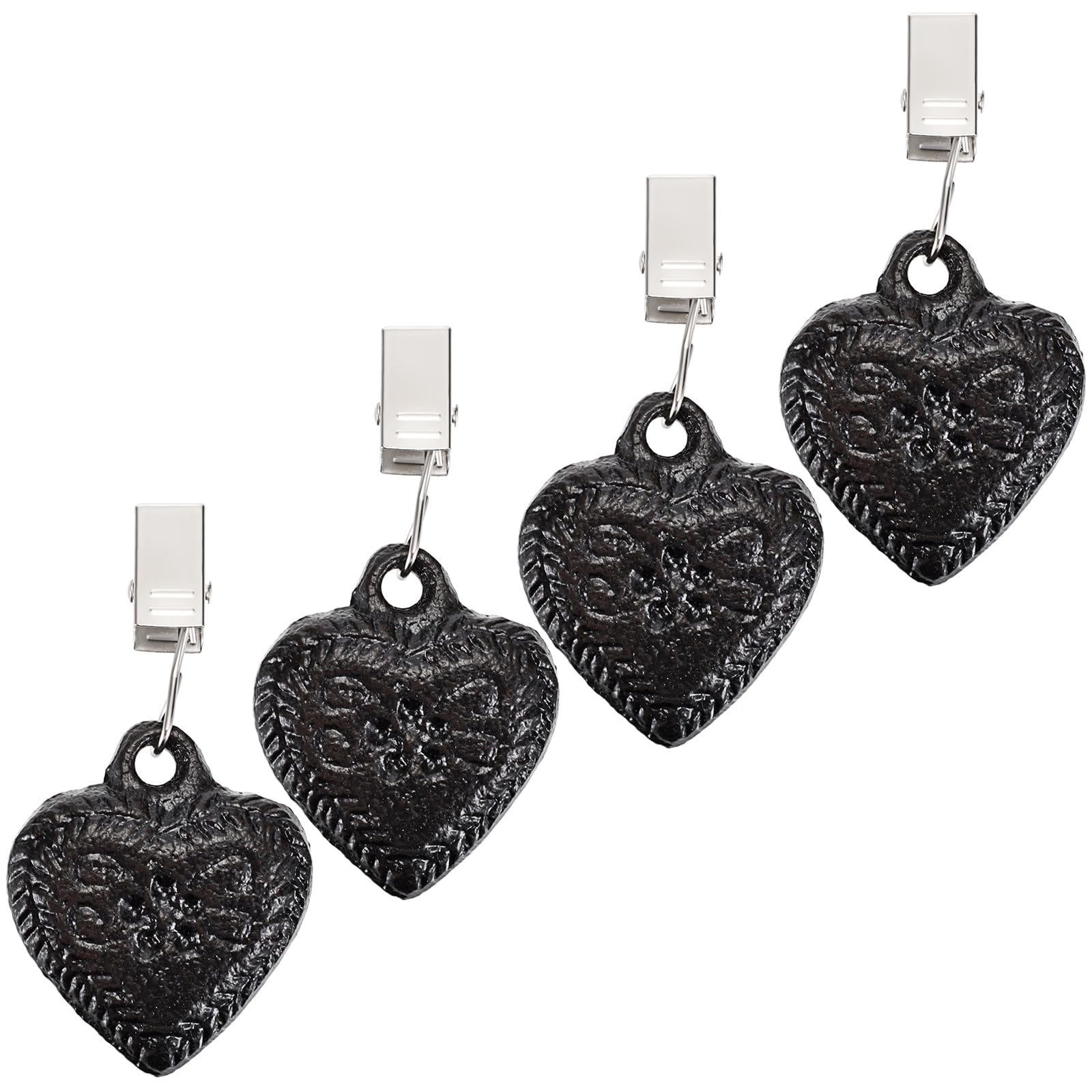 Heavy Duty Set of 4 Cast Iron Heart Shaped Tablecloth Weights - Windproof Outdoor Flag & Curtain Clips, Black Metal Garden Patio Picnic Accessories for Securing Table Covers, Blankets & Decorations
