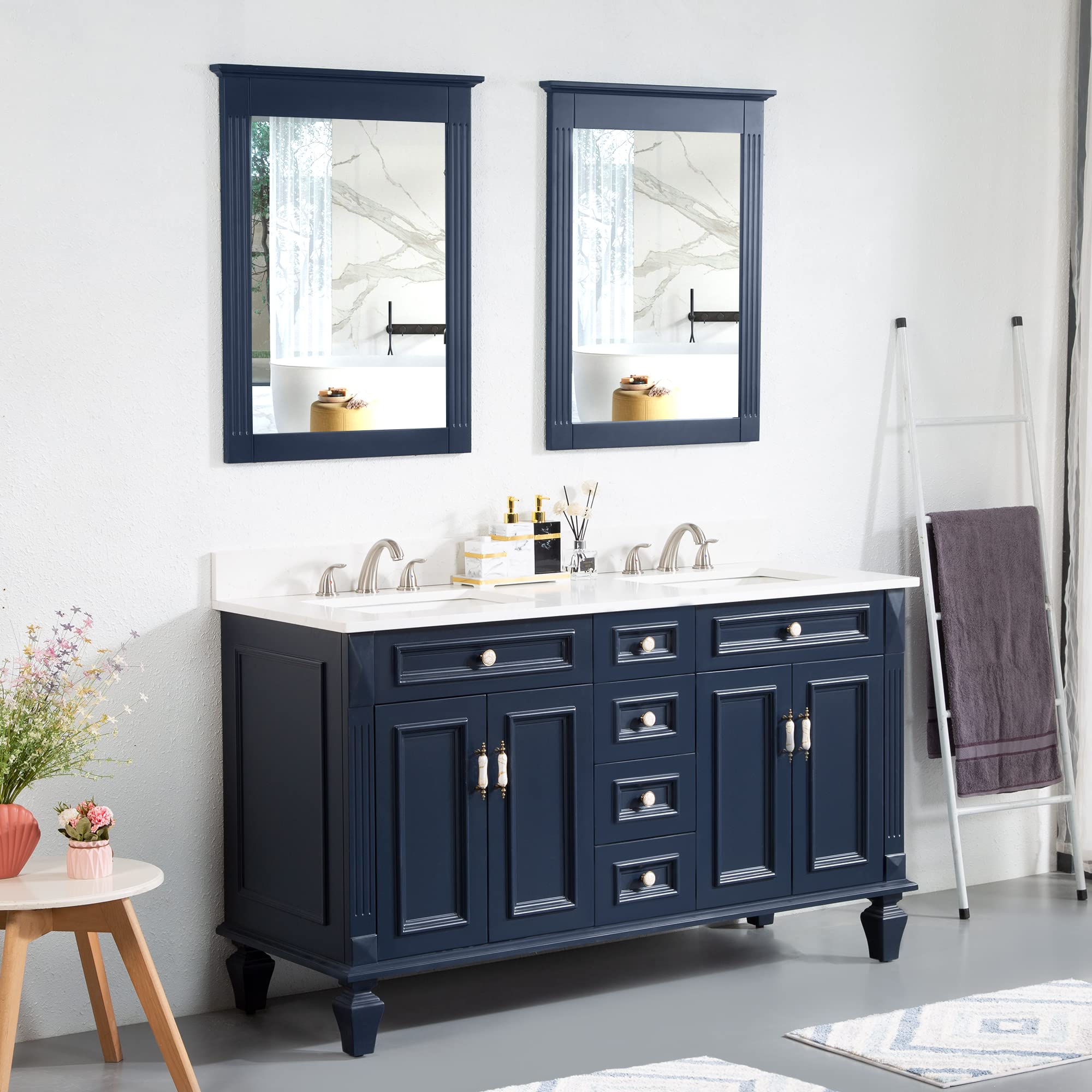 WELLFOR 60 Inch Double Sink Bathroom Vanity Set with Anti-Fog Mirrors, Wood Cabinet with Doors & Drawers, Navy Blue Freestanding Vanity with Quartz Countertop - Perfect for Master Bathroom, Guest Bath & Powder Room Renovations