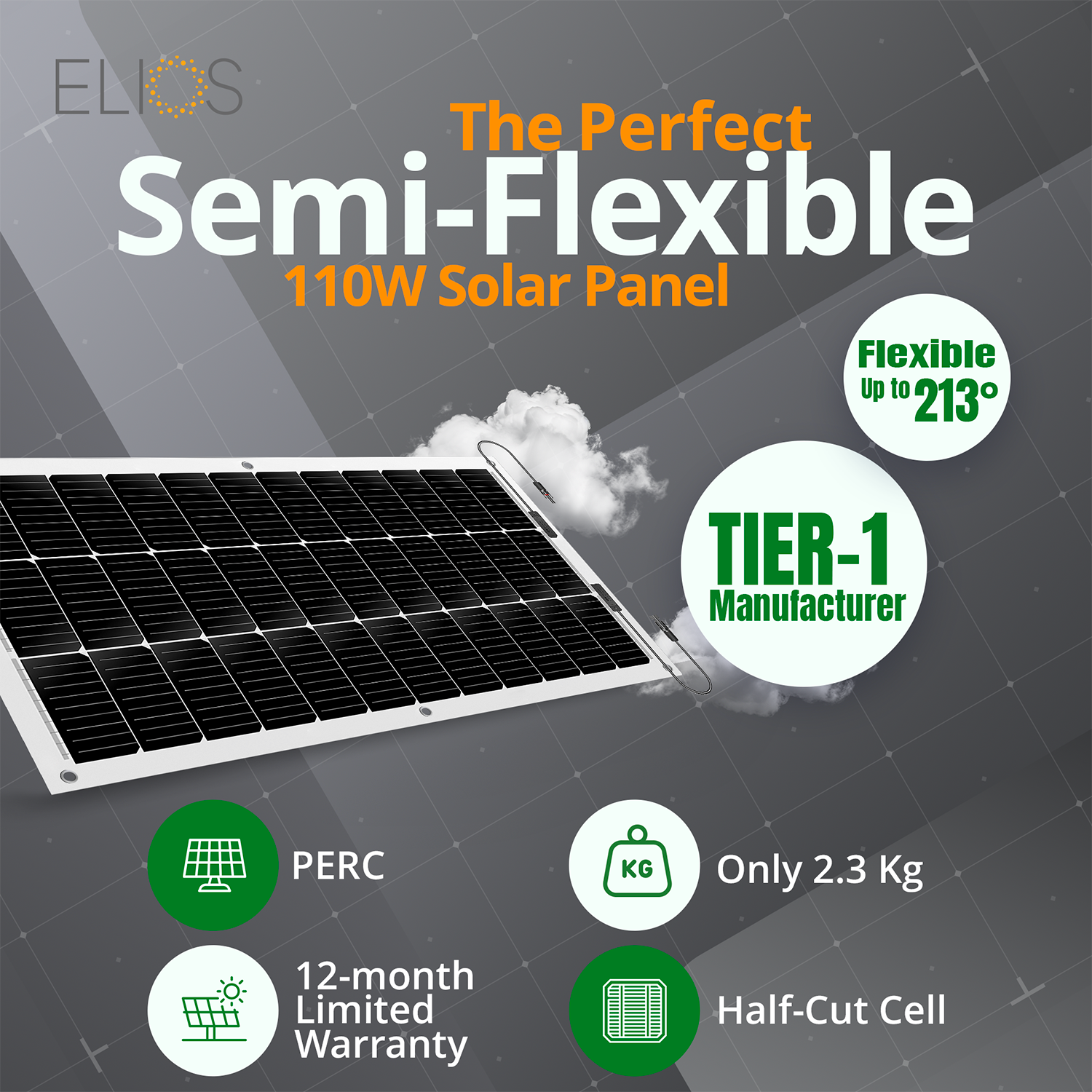Elios Voltaic110F 110W Semi-Flexible Solar Panel - Lightweight & Durable for RV, Boat, Camping & Off-Grid Power