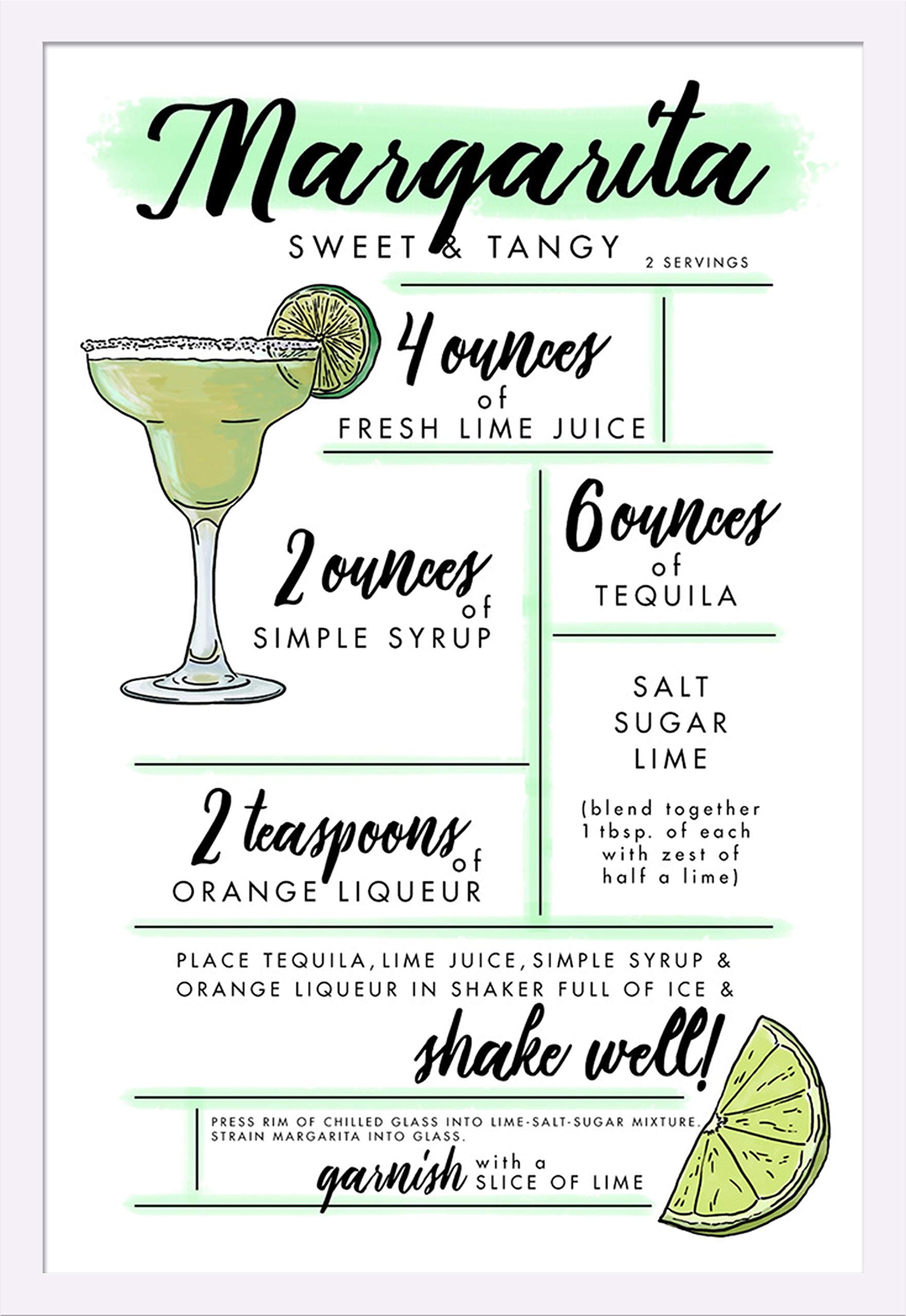 Margarita Cocktail Recipe 75373 - 24x36 Giclee Art Print, Gallery Framed in White Wood - Perfect for Bar Decor, Kitchen Wall Art & Home Entertainment Spaces