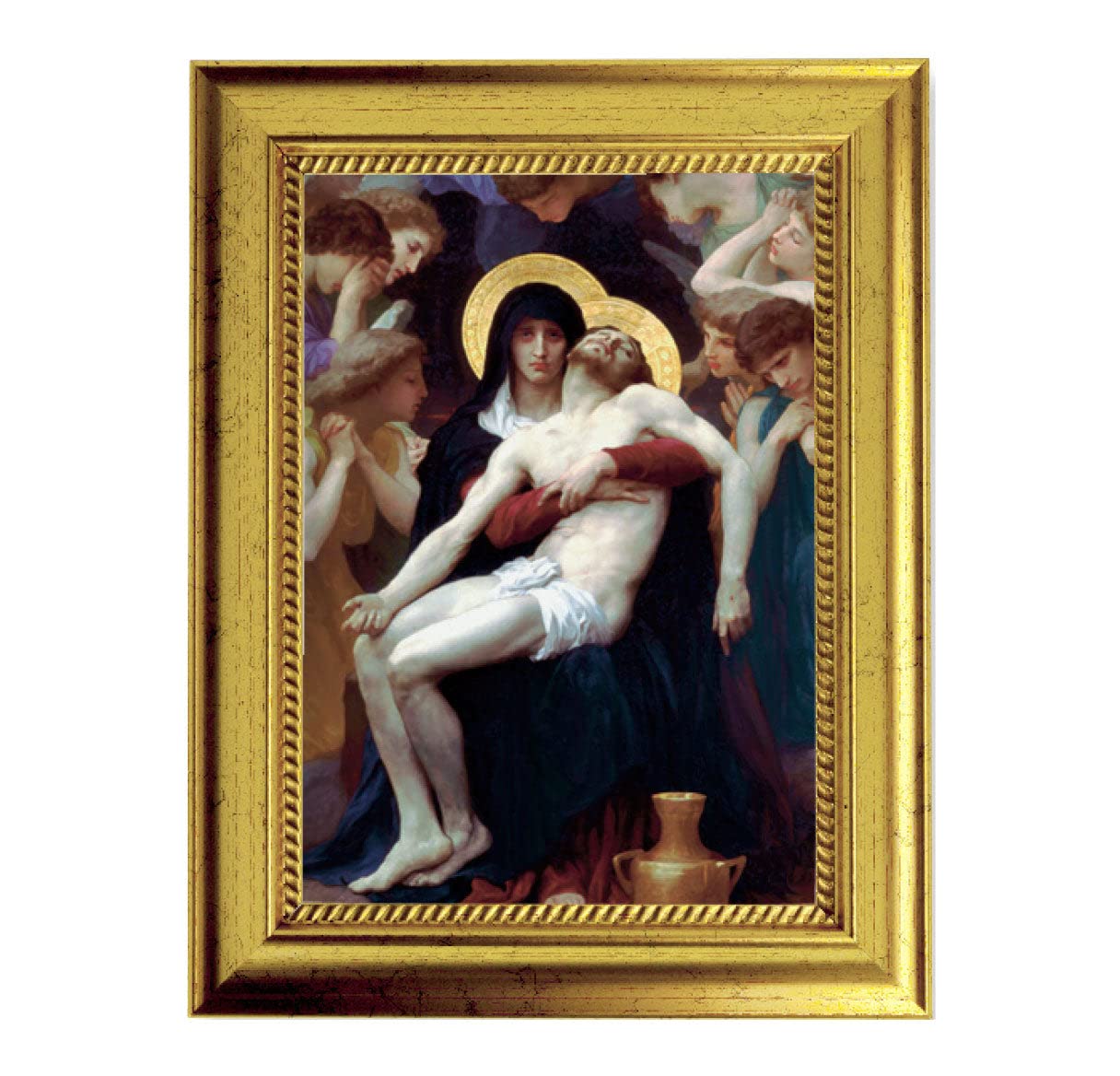 Pieta Religious Wall Art - Antique Gold Leaf Framed Picture with Rope Detailing | Small Christian Home Decor for Living Room, Bedroom & Prayer Space
