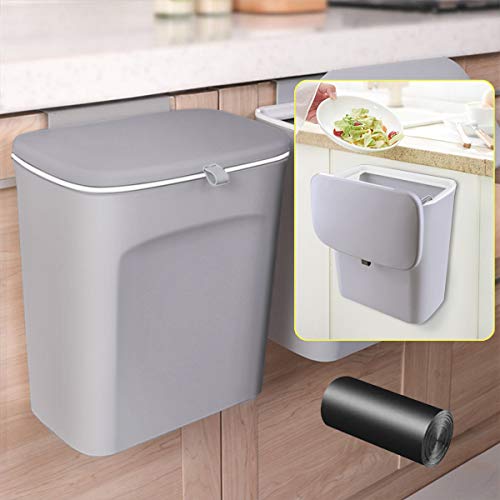 AYADA Hanging Trash Can with Lid - Under Sink Door Mounted Kitchen Cabinet Garbage Bin for RV, Bathroom & Small Spaces - Space-Saving Grey Waste Basket (Perfect for Kitchen Organization, Bathroom Storage & RV Living)
