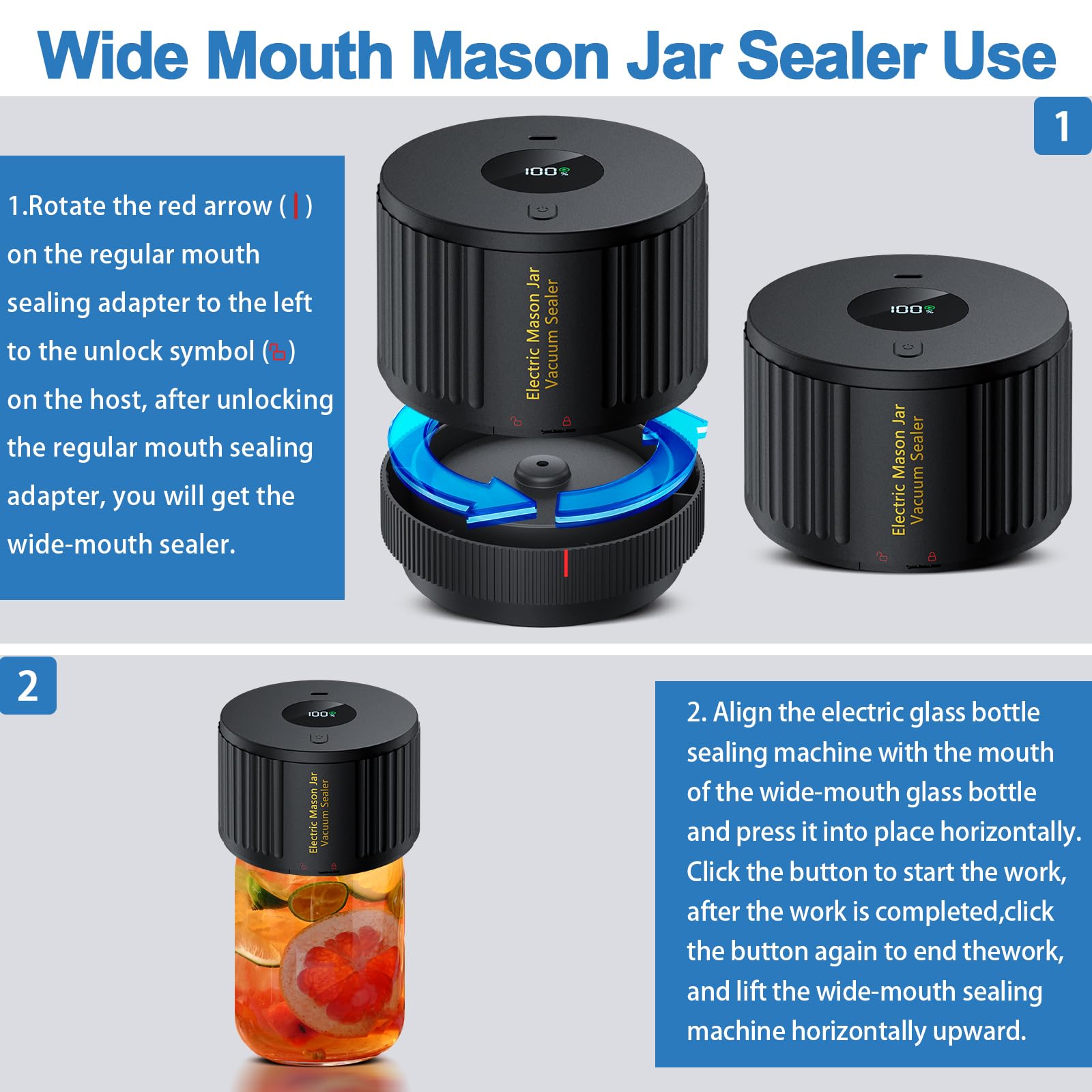 Electric Mason Jar Vacuum Sealer Kit - Wide Mouth & Regular Mouth Jar Sealer for Food Preservation | Perfect for Meal Prep, Canning, Sous Vide & Long-Term Food Storage
