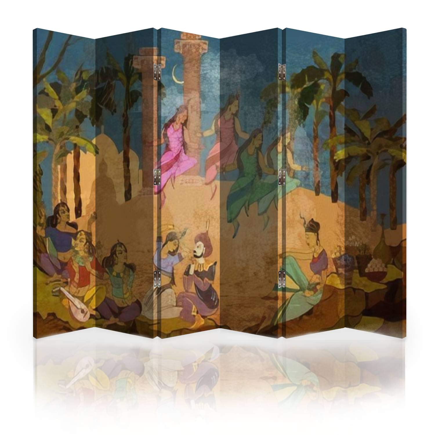 GUTYHRMER 6-Panel Canvas Room Divider Screen - Hand-Painted Hindu Mural with Traditional Indian Fresco Design - Folding Privacy Partition for Bedroom, Living Room & Office - Multicolor Home Decor