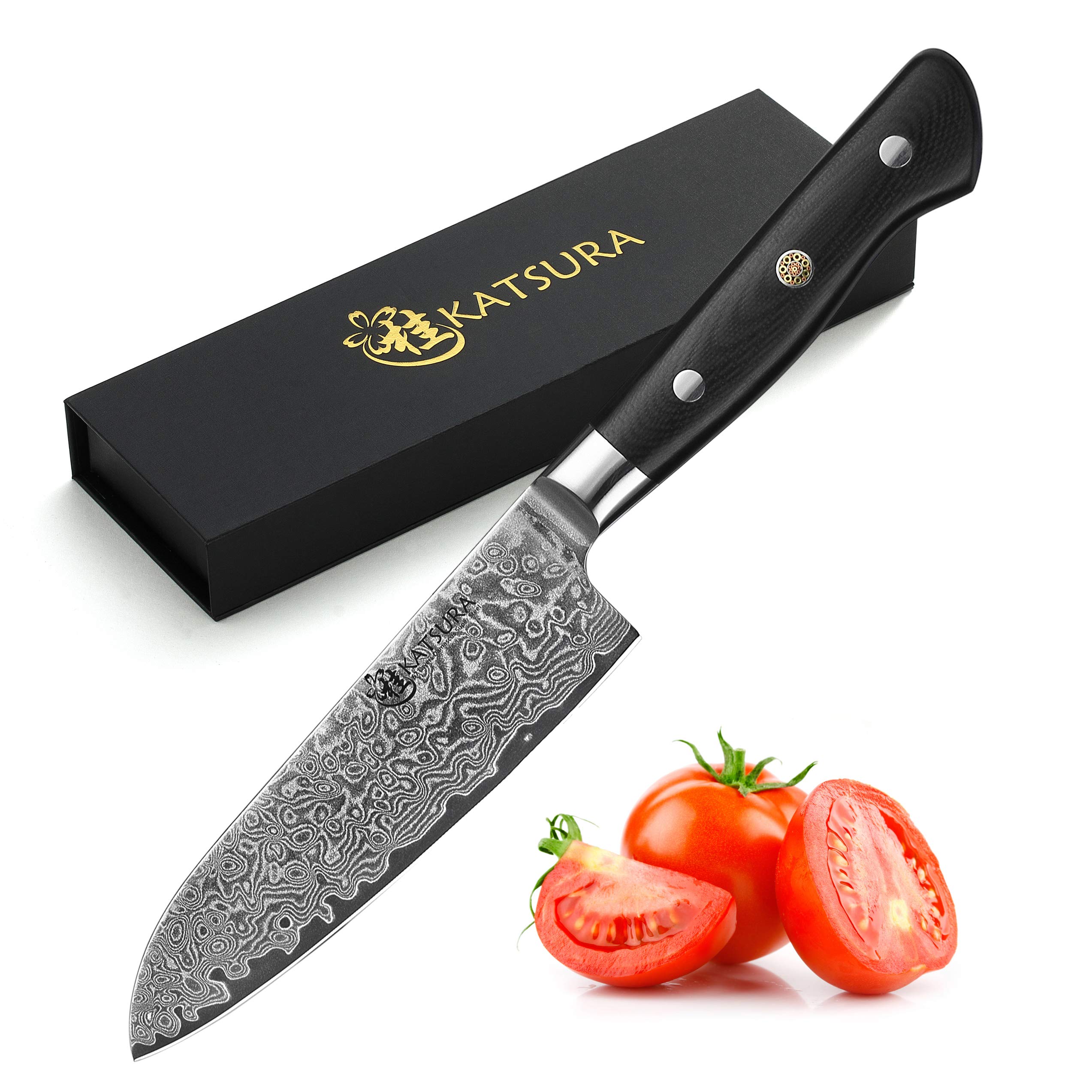 KATSURA Santoku Knife - 5 Inch Japanese Chef Knife with 67-Layer Damascus Steel Blade - Premium AUS-10 Stainless Steel - Perfect for Slicing, Dicing & Chopping Vegetables, Meat & Fish