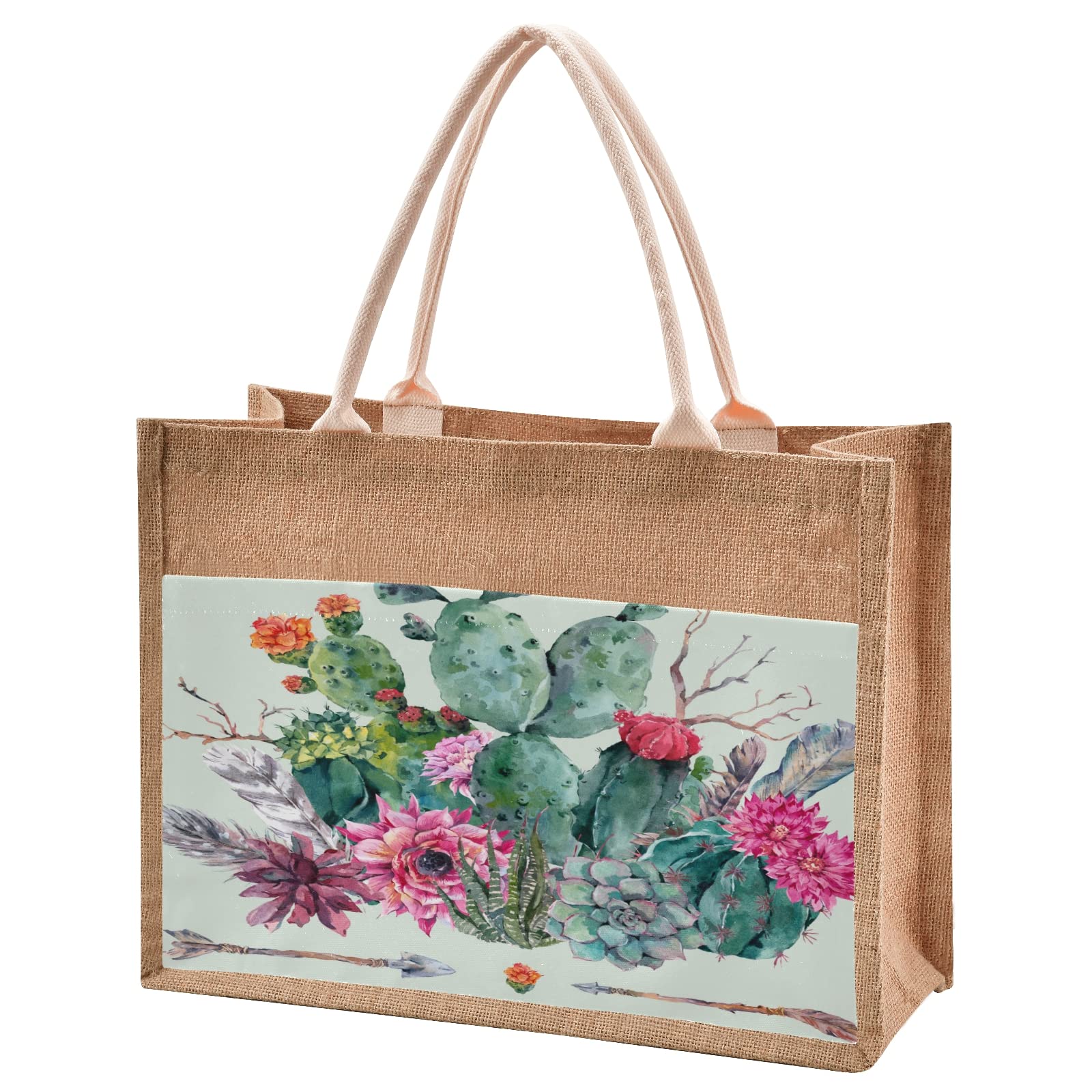 Stylish Boho Cactus Succulent Jute Tote Bag for Women - Eco-Friendly Reusable Grocery Shopping & Beach Bag - Perfect for Farmers Market, Picnics & Wedding Gifts