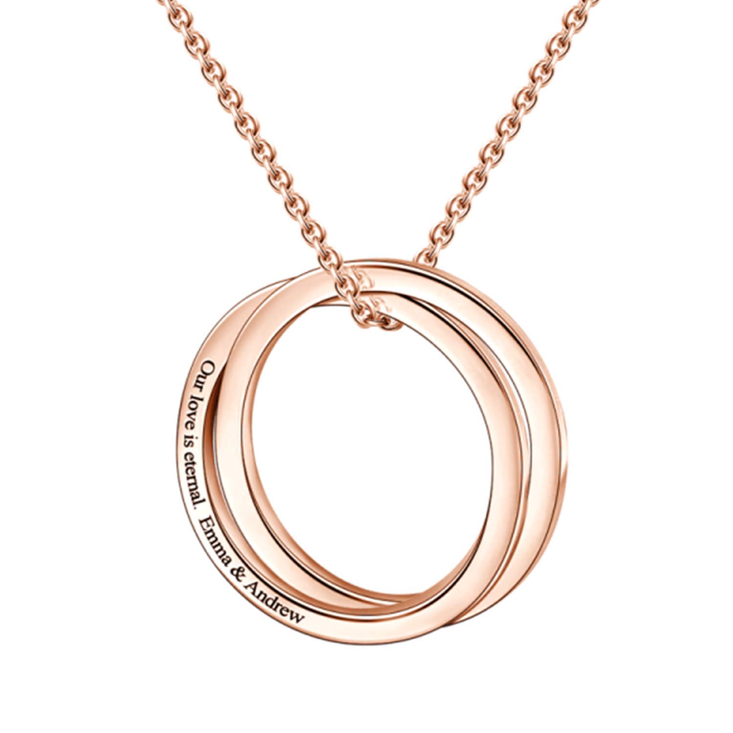 LONAGO Personalized Disc Necklace - 2 Interlocking Circle Rings with Custom Engraving (Name/Date/Word) - Russian Ring Pendant Jewelry for Women - Perfect Gift for Anniversary, Birthday & Valentine's Day