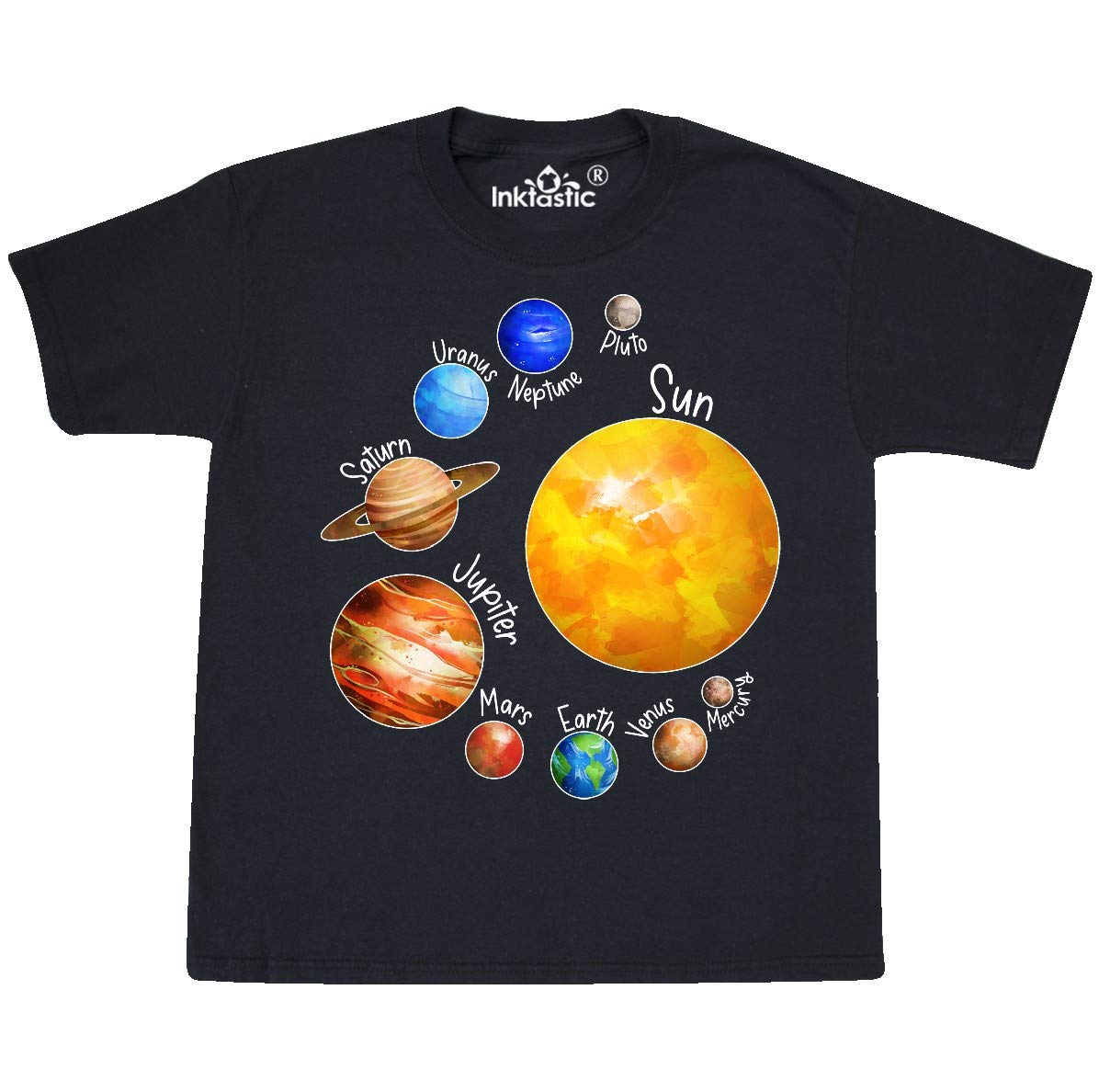 Inktastic Sun and Planets - Yes, and Pluto Youth T-Shirt | Space Theme Kids Tee | Fun Astronomy Graphic Shirt for Boys & Girls | Perfect for School, Birthday Parties & Space Enthusiasts