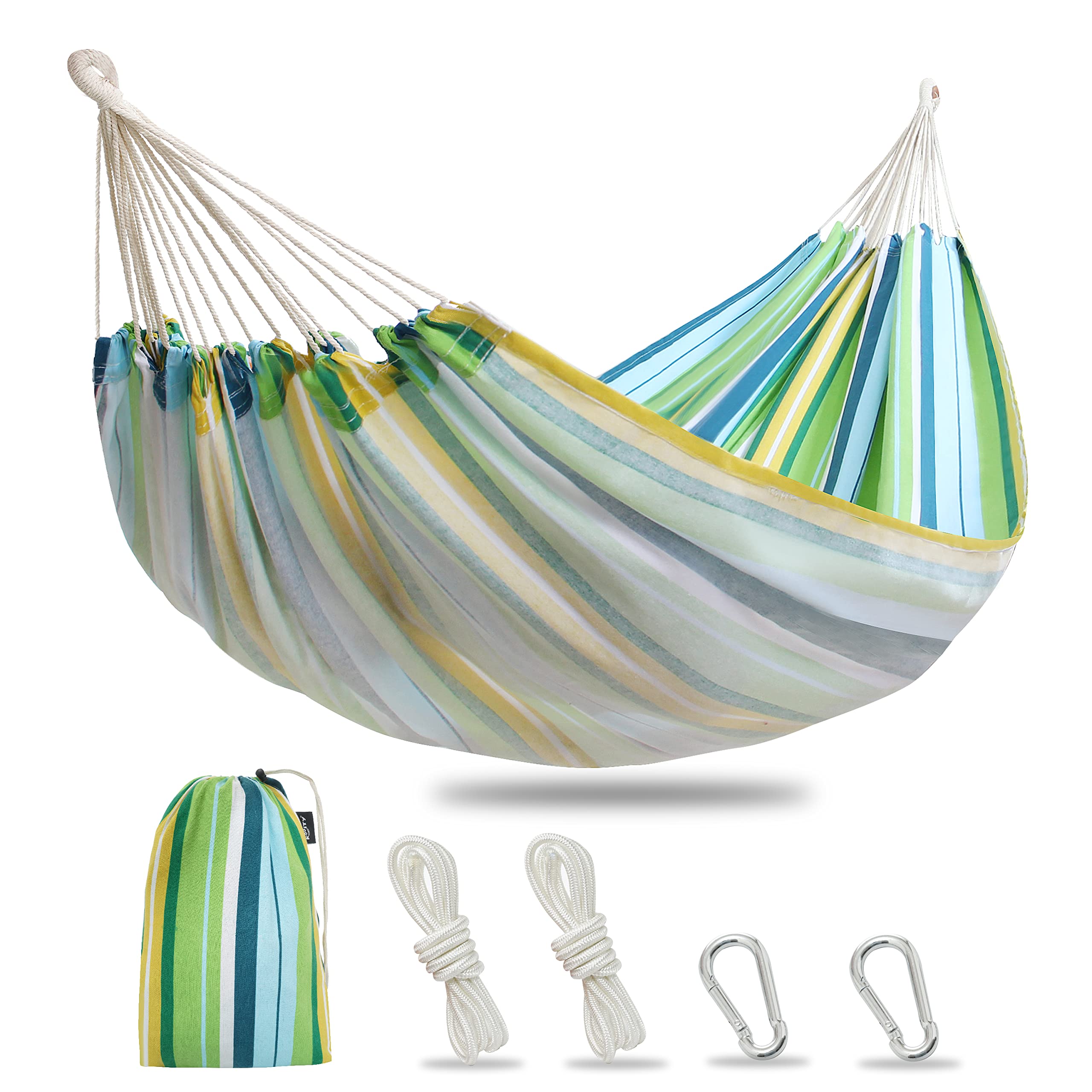 ROOITY Double Hammock with Carrying Bag - 450 lbs Capacity, Soft Cotton Fabric for Indoor & Outdoor Use - Perfect for Patio, Garden, Backyard, Camping, Beach, and Relaxation - XXX-Large Stripe (Green-line)