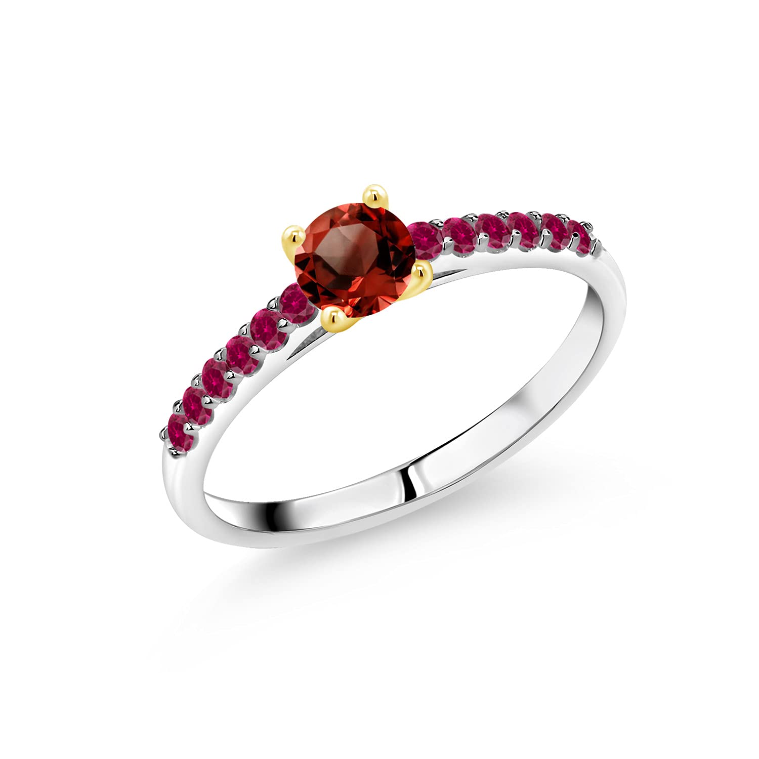 1.18 Ct Round Red Garnet & Created Ruby 10K White Gold Ring with Yellow Gold Prongs | Gemstone Engagement Ring for Women | Wedding, Anniversary & Valentine's Day Gift