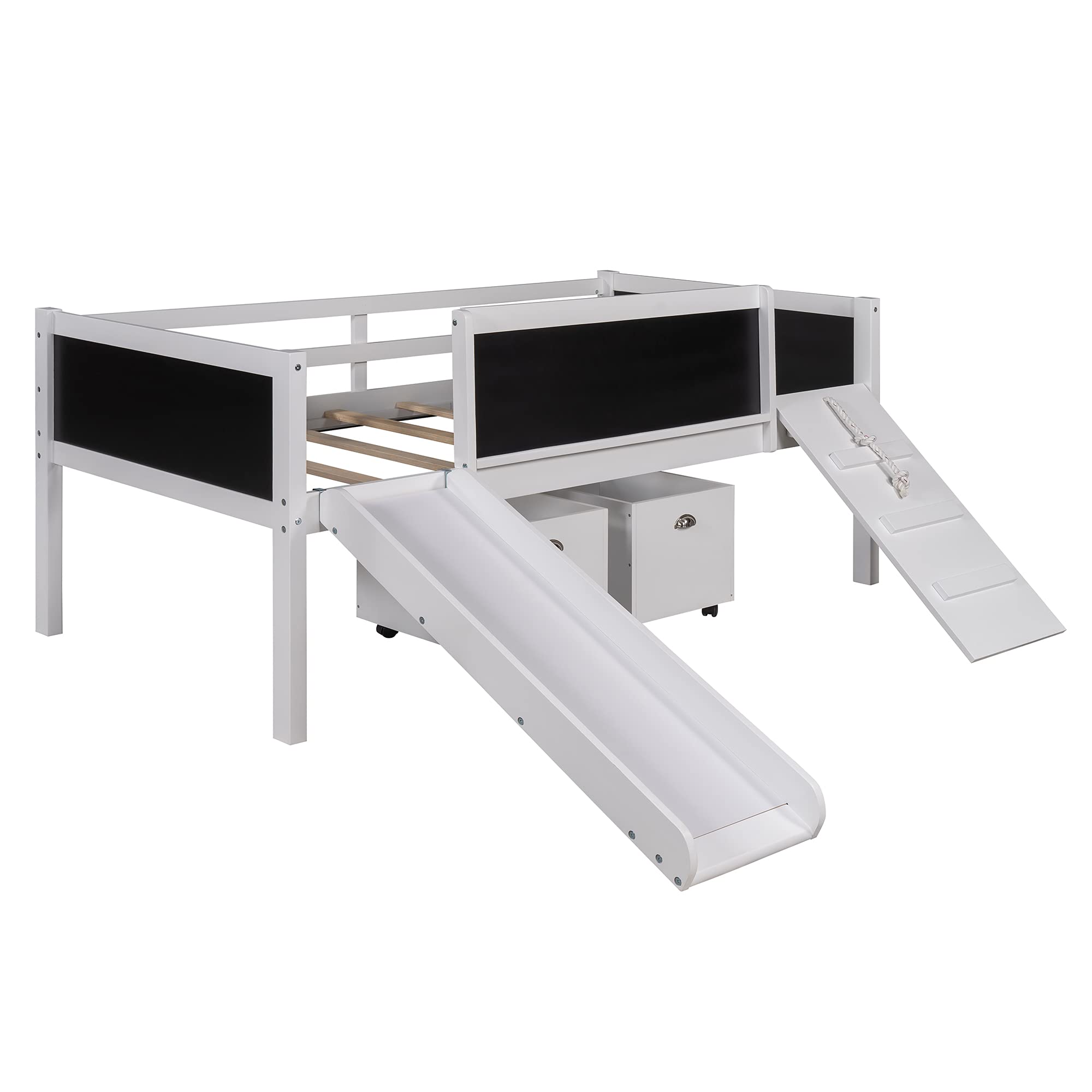 Rhomtree Solid Wood Twin-Size Low Loft Bed Frame with 2 Storage Drawers, Slide & Climbing Ladder - Space-Saving Kids Furniture for Small Bedrooms (White)