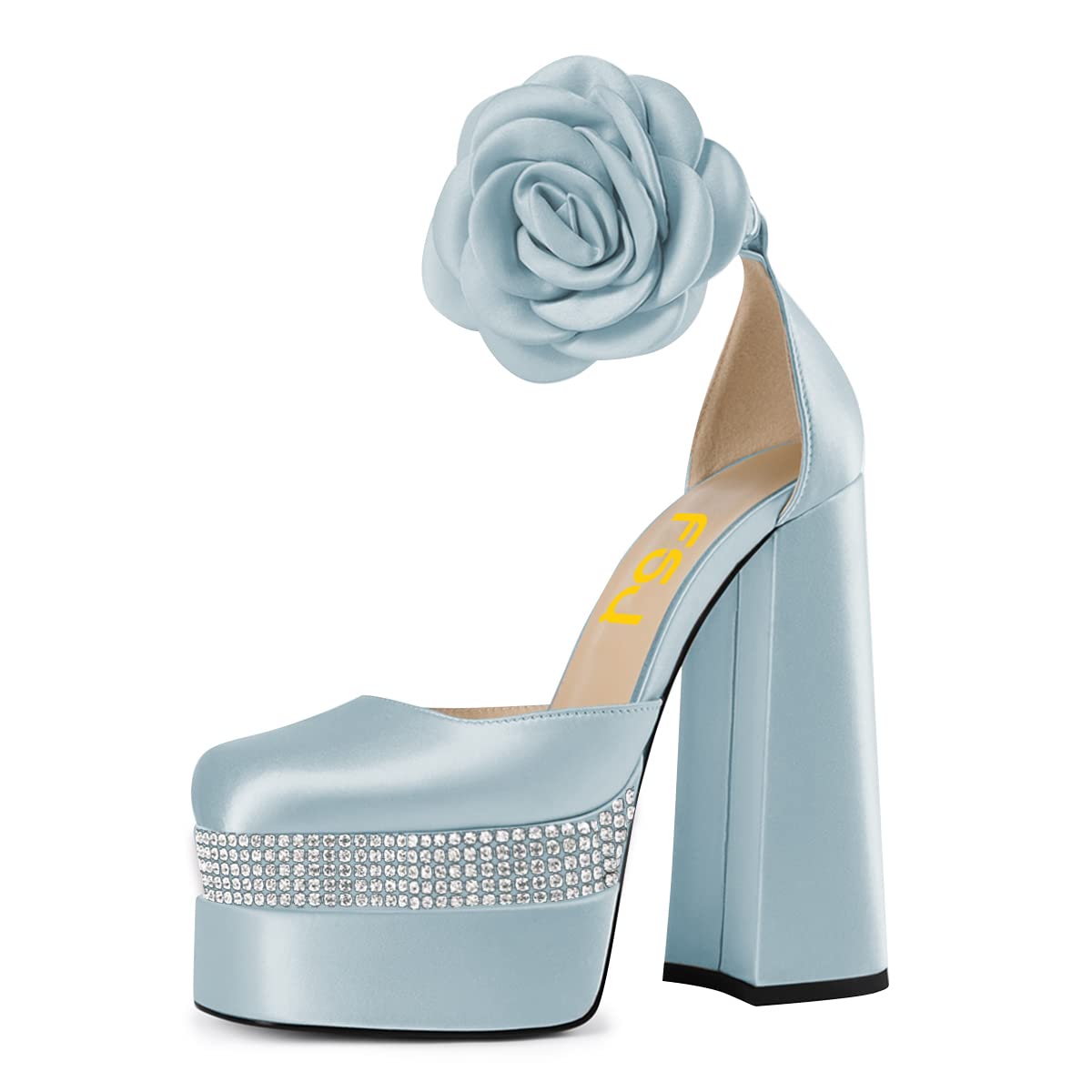 FSJ Women's Chunky High Heel Sandals - Square Toe Ankle Strap Party Shoes with Floral Detail, Satin Dress Pumps for Club & Evening Wear, US Sizes 4-15 | Perfect for Weddings, Prom & Special Occasions
