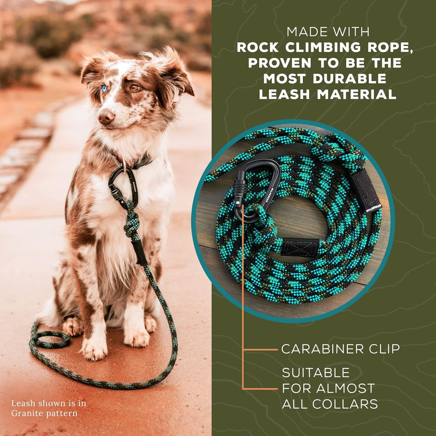 Wilderdog Heavy Duty Carabiner Climbing Rope Dog Leash for Medium & Large Dogs - 5ft Durable Leash with Locking Clip - Perfect for Hiking, Camping & Outdoor Adventures (Granite Color)
