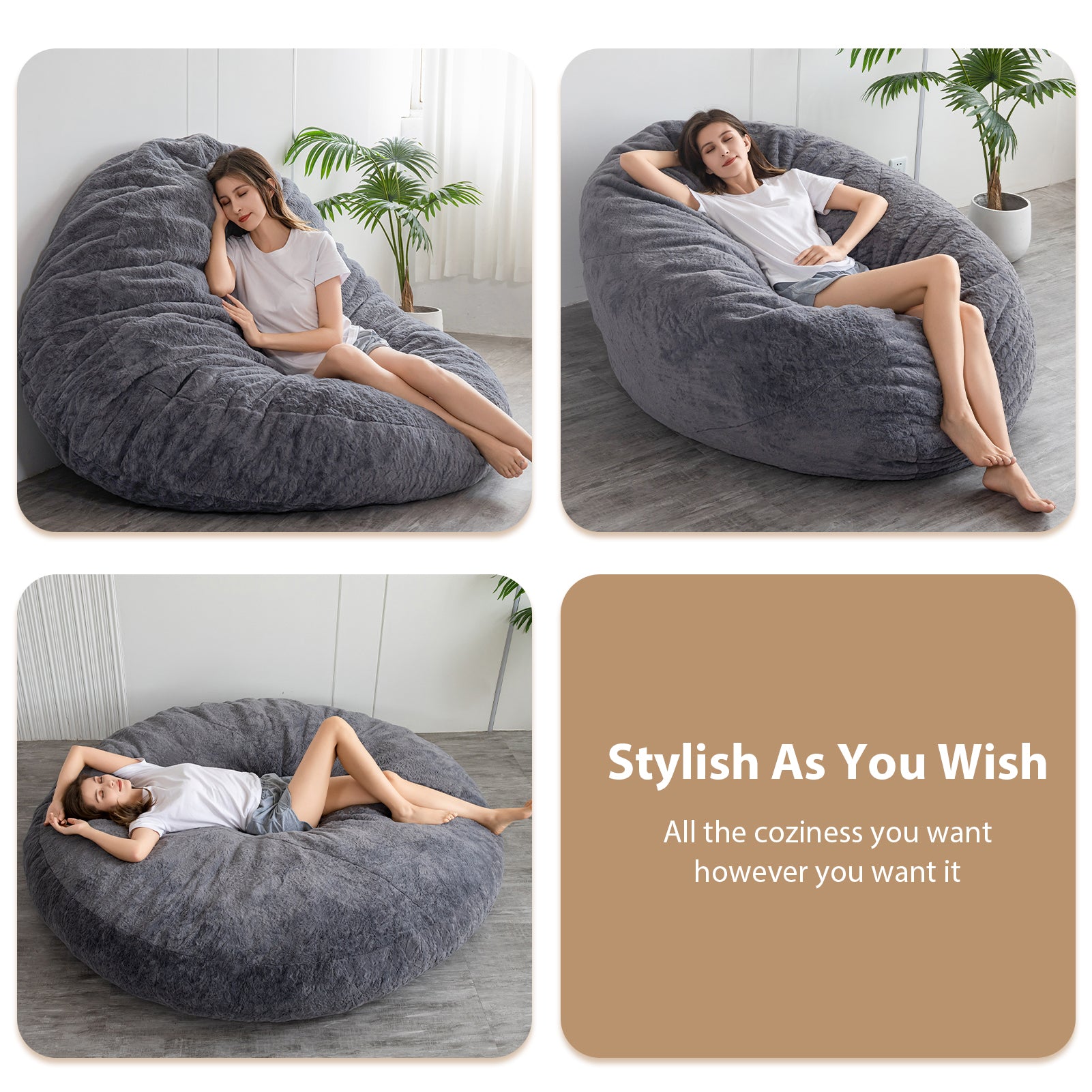 MAXYOYO Giant Fur Bean Bag Chair - Round Fluffy Bean Bag for Adults & Teens, Dark Grey - Perfect for Living Room, Bedroom, Game Room & Dorm Decor
