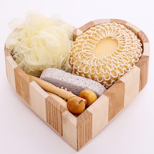 Herbal Brews Luxury Bath & Body Gift Set for Women & Men - Wooden Heart Box with Body & Foot Massager, Pumice Stone, Bamboo Hair Brush, Loofah & Hemp Body Sponge - Perfect for Home Spa, Relaxation & Self-Care Gifts