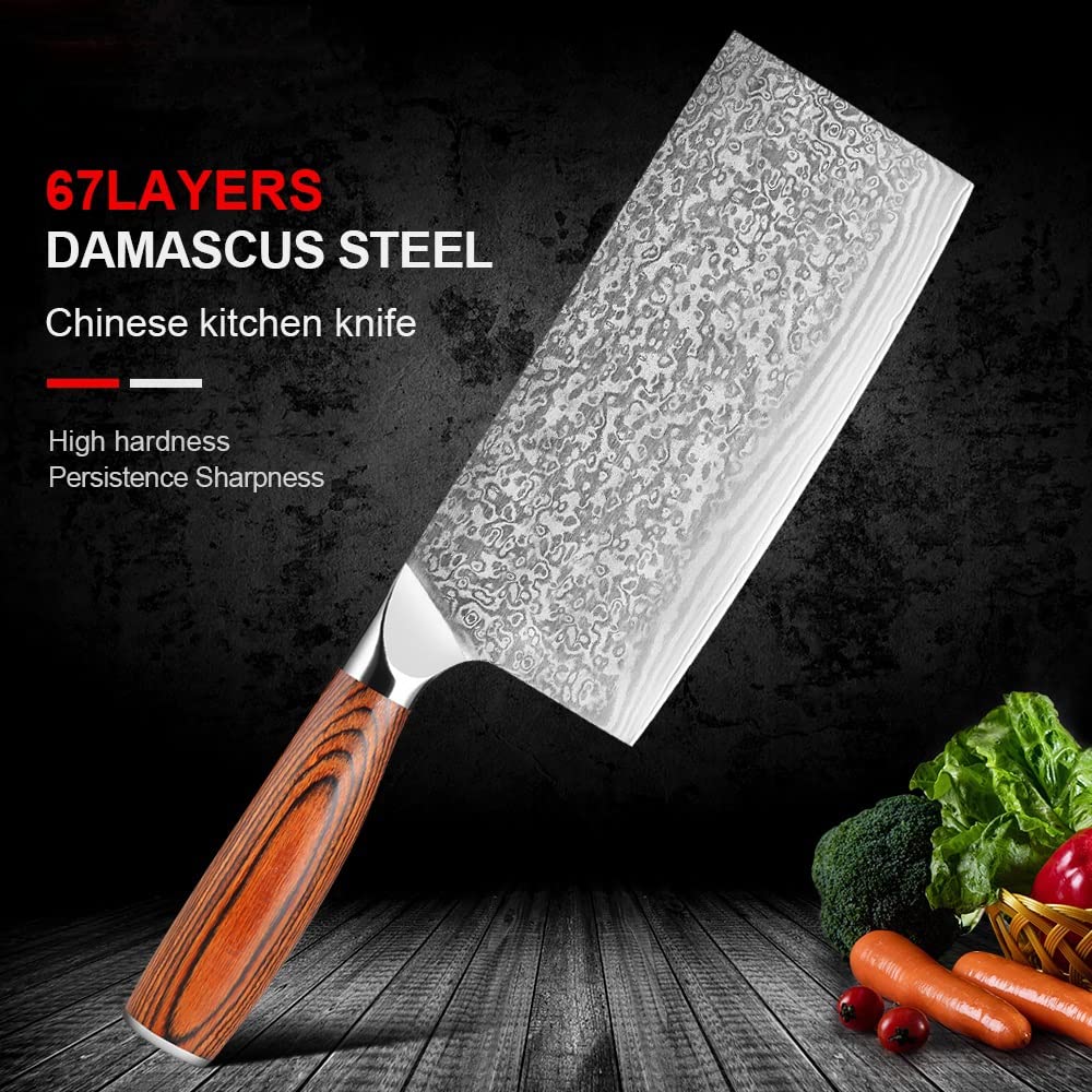 Premium 7-inch Chinese Chef Knife - Damascus Stainless Steel Meat Cleaver & Vegetable Chopper for Professional Cooking | Heavy Duty Kitchen Knife for Slicing, Dicing & Food Prep (DM220613R10Y)