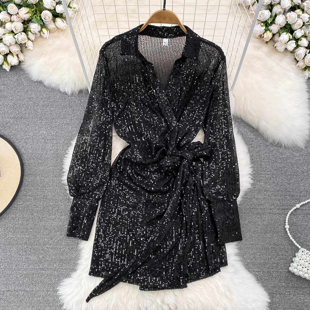Sparkly Long Sleeve V-Neck Bowknot A-Line Mini Dress for Women | Elegant Party & Cocktail Attire | Perfect for Holiday Events, Date Nights & Special Occasions