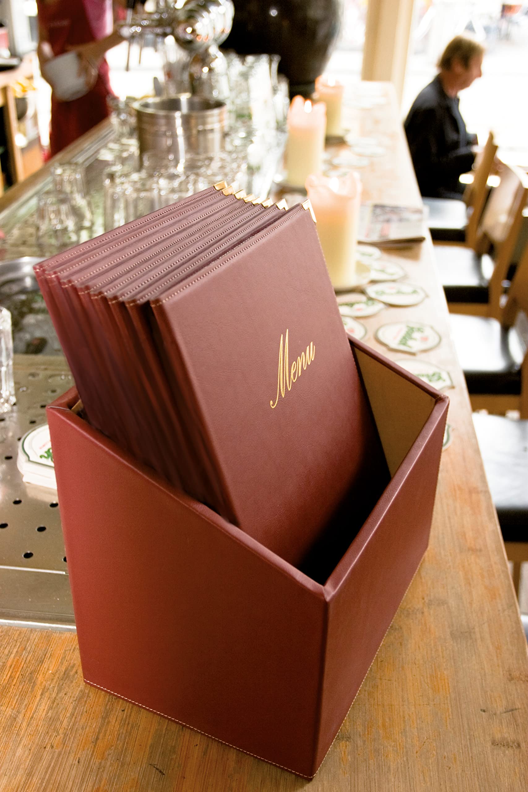 Premium Faux Leather A4 Menu Holder - 20-Pack 4-Page Display Folders for Restaurants, Cafes & Bars - Wine Red Leather Box - Perfect for Tabletop Menu Displays & Event Presentations