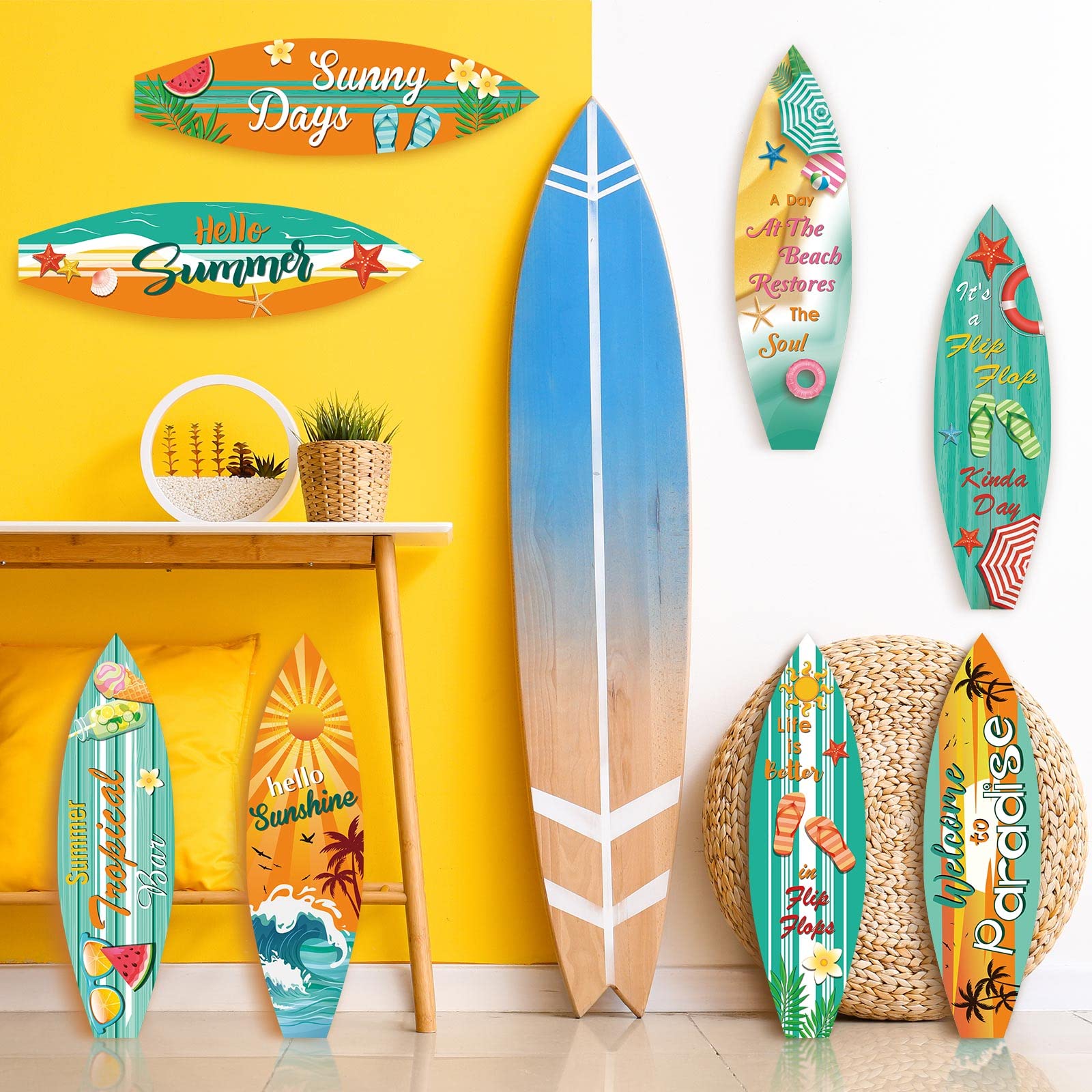 9 Pcs Surfboard Beach Signs Cutouts - Tropical Hawaii Party Decorations, Summer Luau Pool Party Supplies, Paper Wall Decor for Beach Bar & Welcome to Paradise Theme - Perfect for Backyard BBQ, Tiki Party & Vacation Vibes
